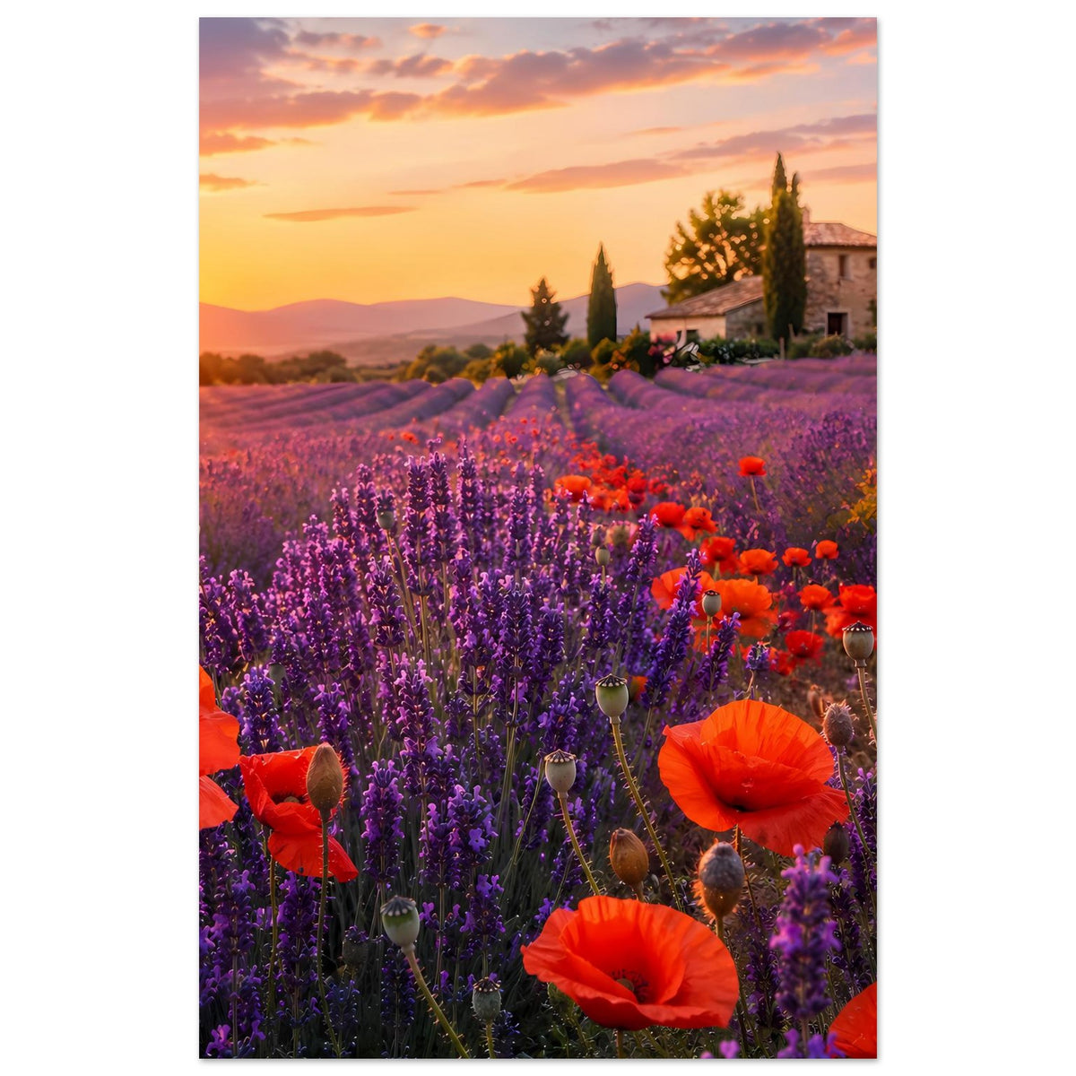 Hochformat-Poster mit Lavendelfeld, roten Mohnblüten und Häusern in der Ferne