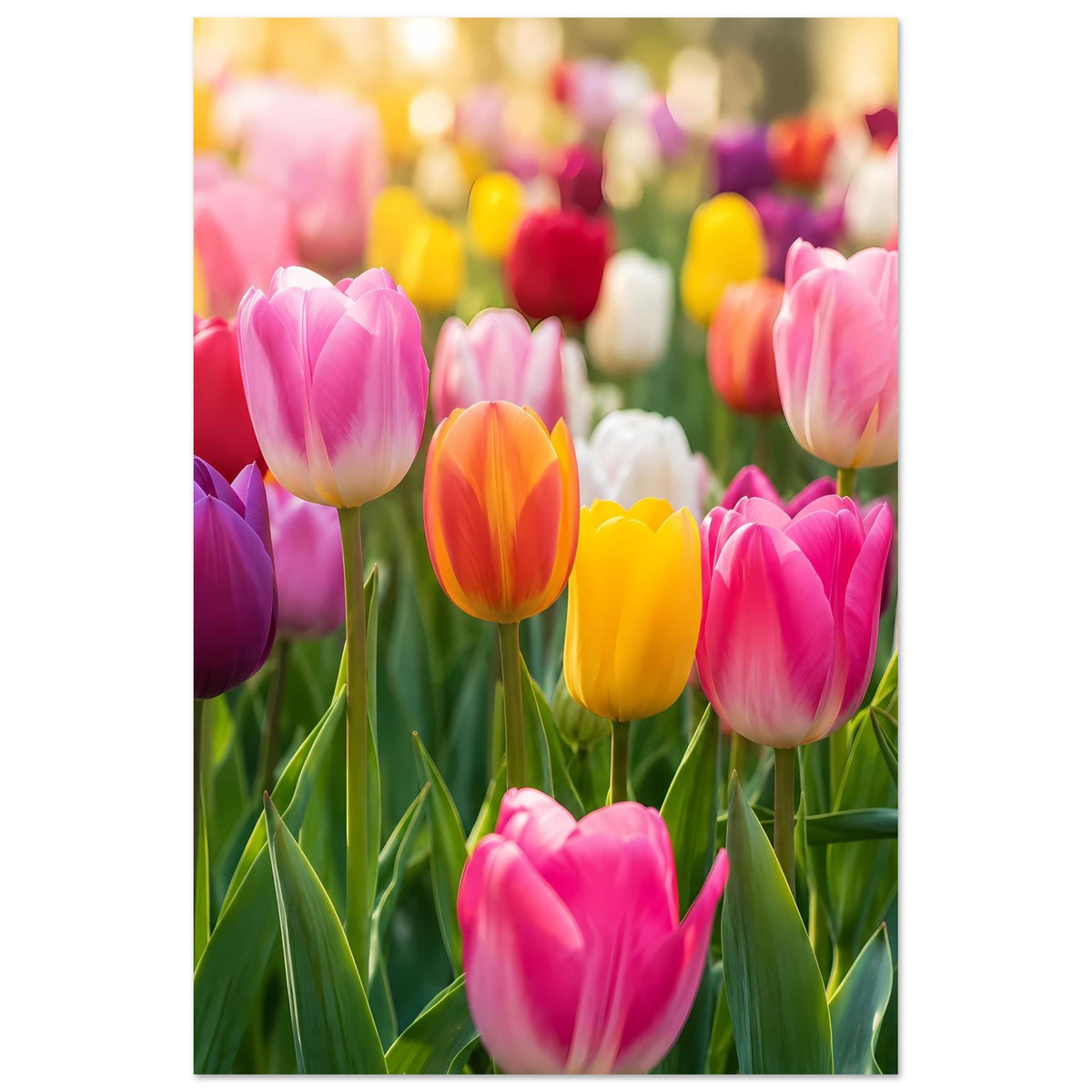 Tulpen-Gartenposter mit bunten Tulpenblüten, senkrecht gerahmt