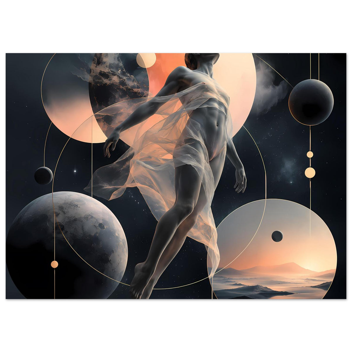Abstraktes Poster im Querformat mit schwebender Figur, großen Planeten und orangefarbenem Licht