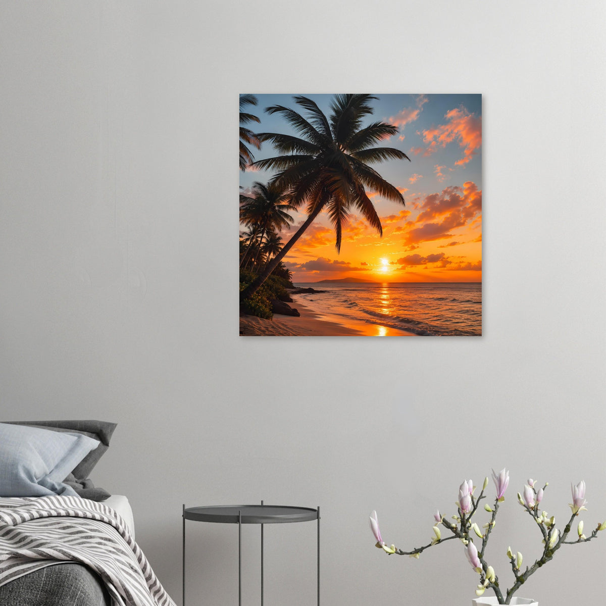 Tropischer Sonnenuntergang: kleines Poster mit Palme und Strand am Meer.