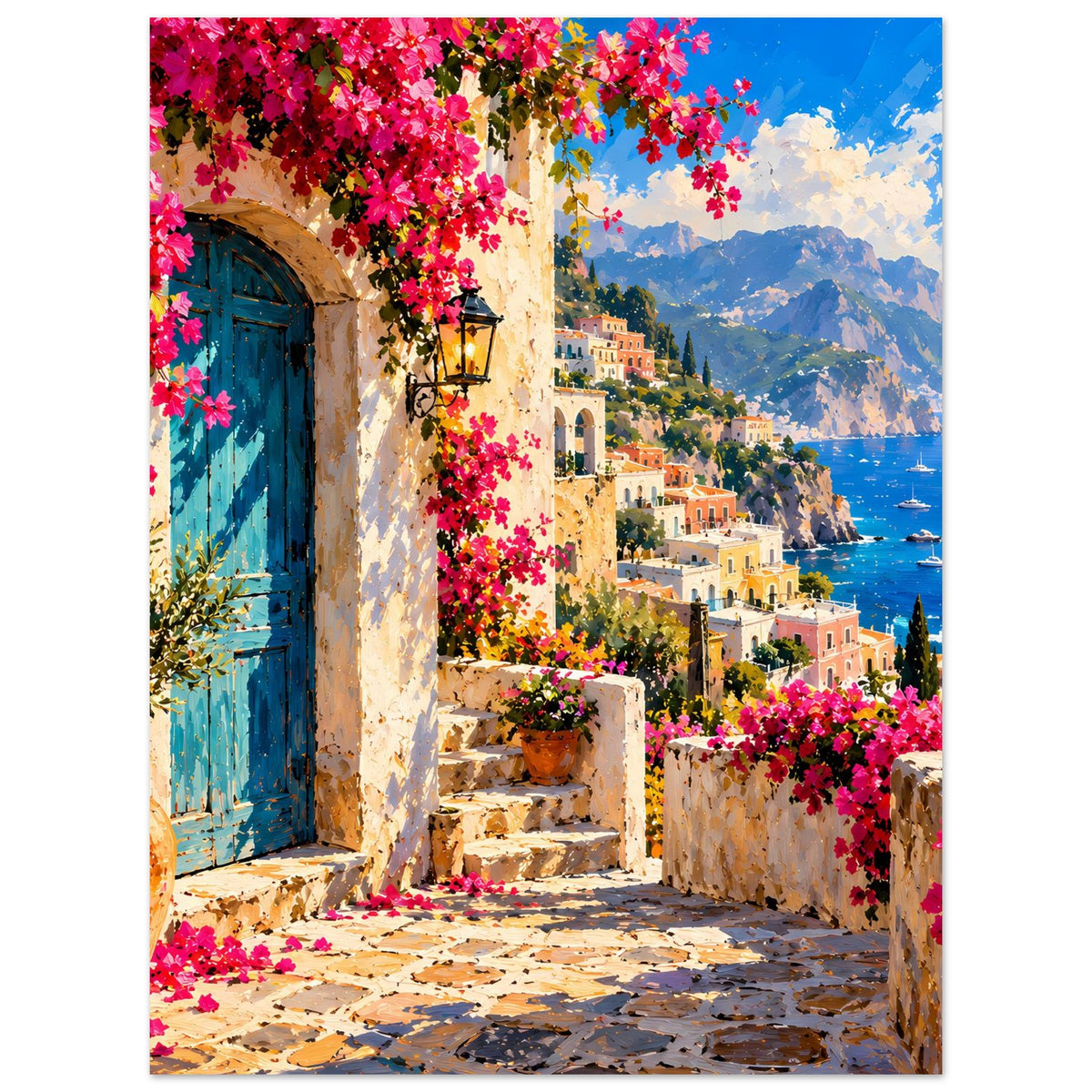 Poster: blauer Türrahmen, Treppenweg, Bougainvillea-Trauben und Küstenkümmel am Wasser