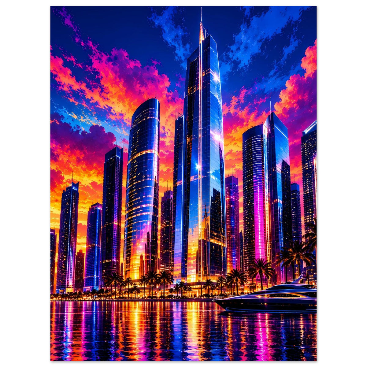 Stadtposter mit farbenreicher Großstadt-Skyline, leuchtenden Gebäuden, Palmen und Wasserreflexionen