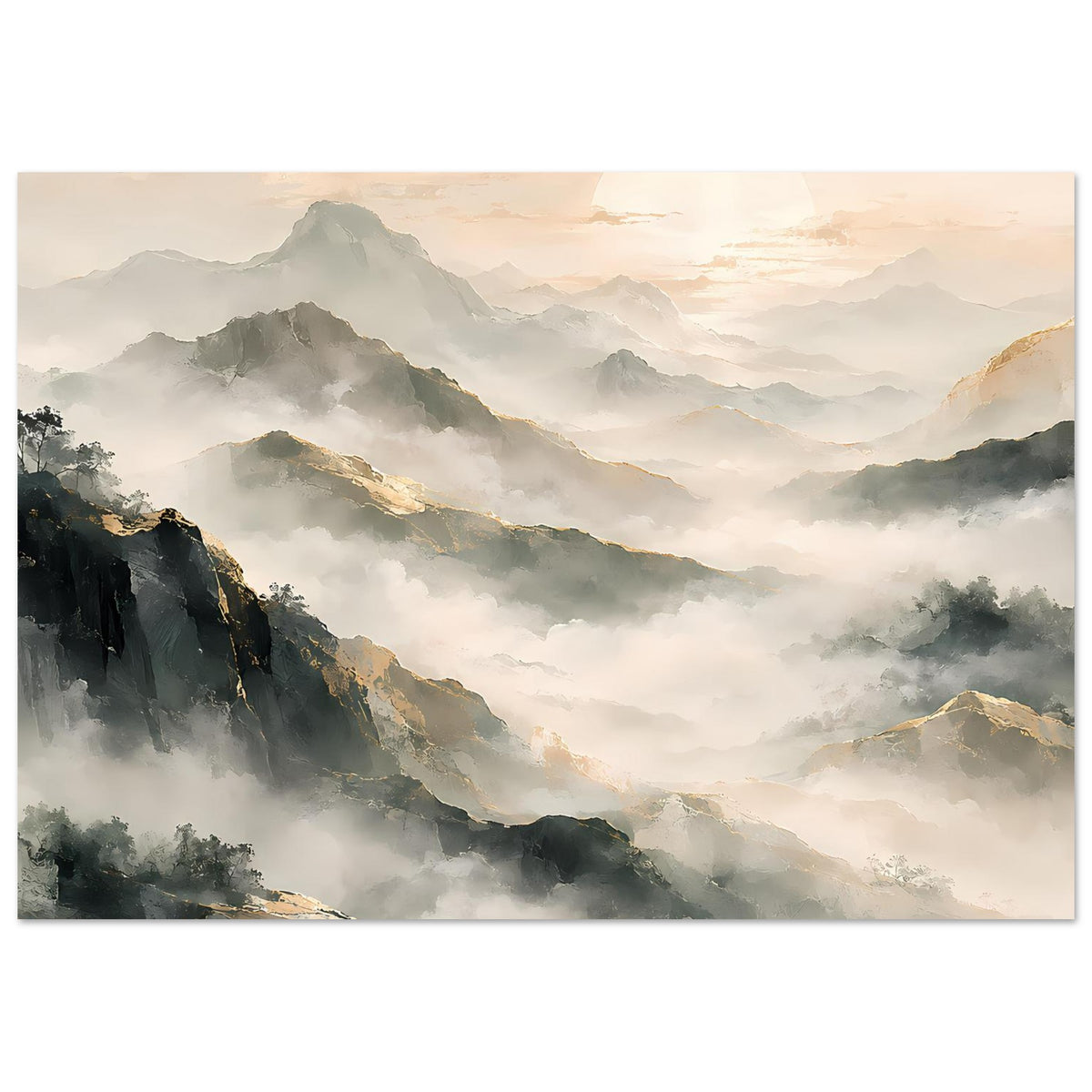Poster mit Bergpanorama in sanften Naturtönen, mehrere Gipfel und dichte Nebelschichten