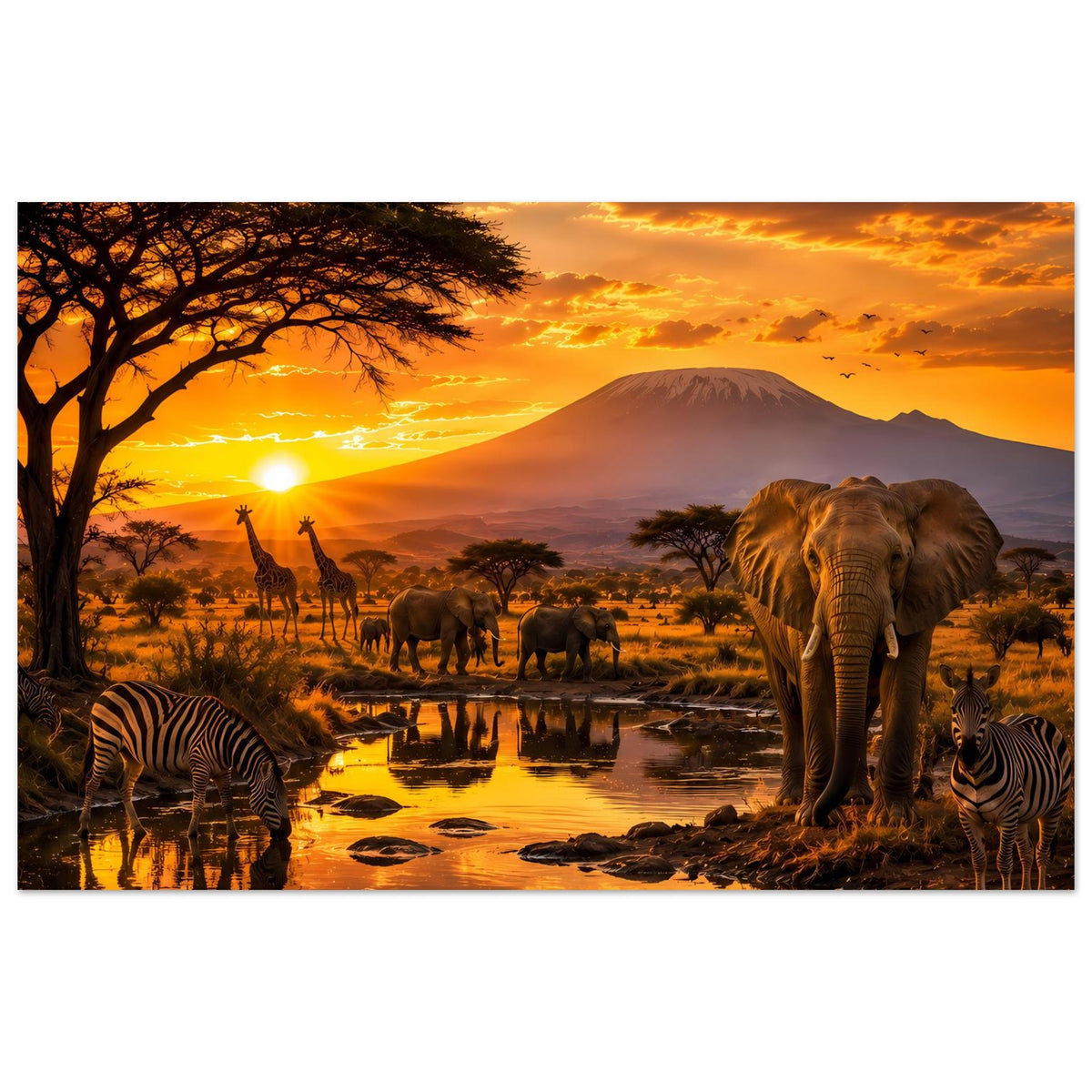 Querformat-Poster mit Elefant und Zebras am Wasser, Giraffen in der Savanne
