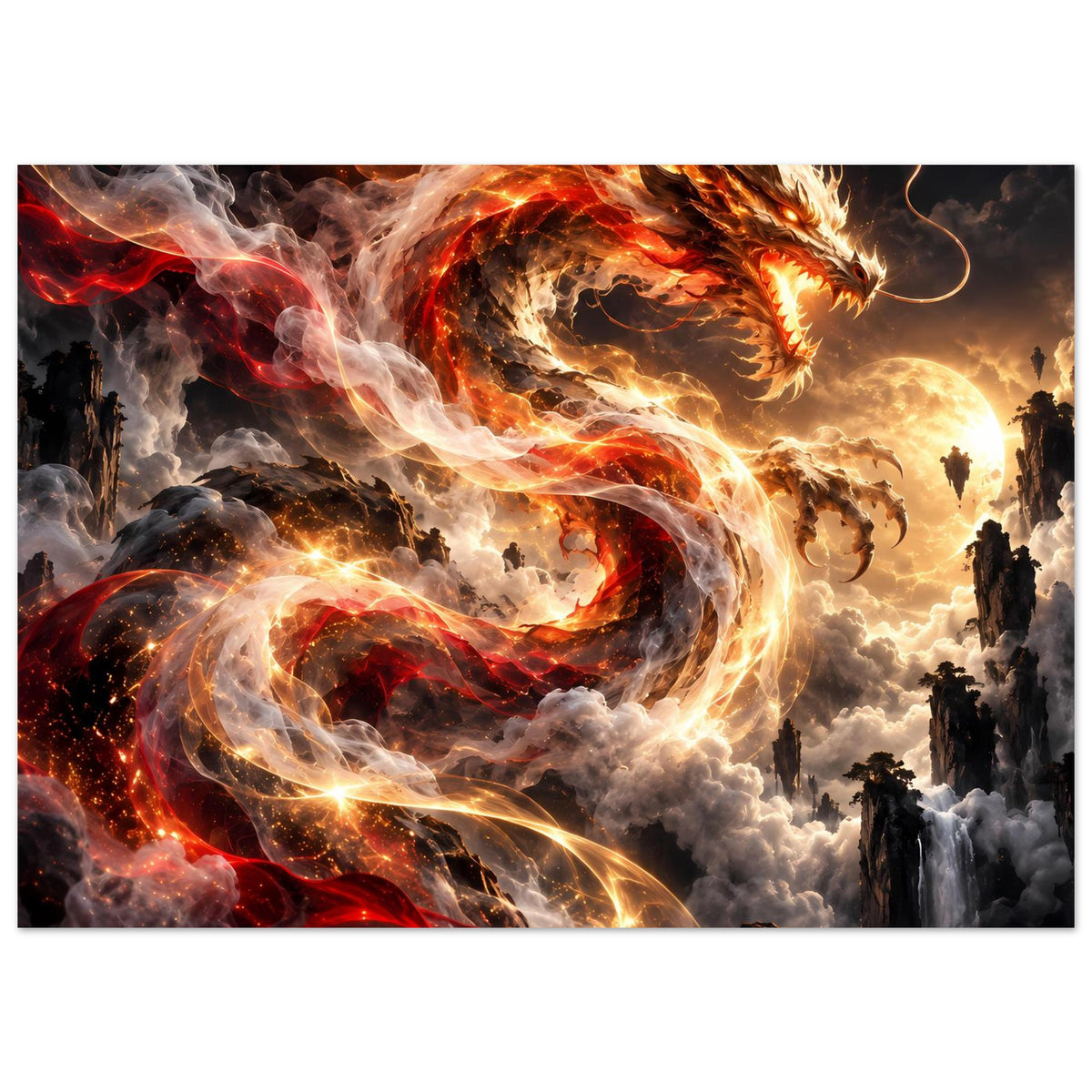 Fantasyposter mit glühender Drachenkontur in Rot, Gold und schwebendem Rauch