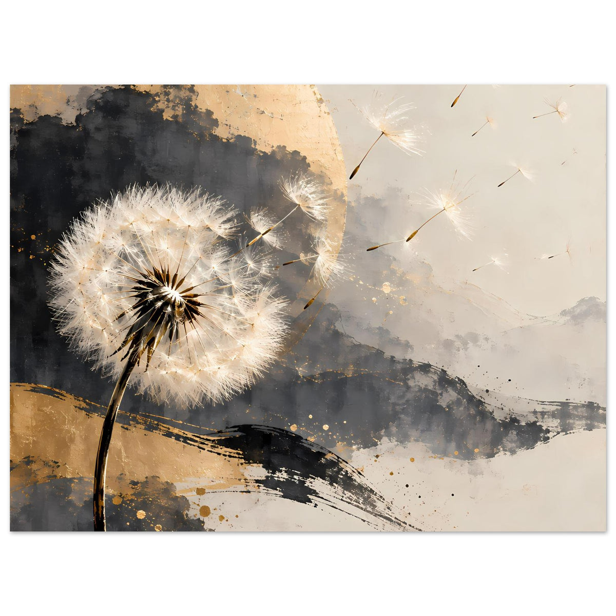 Kunstposter mit Pusteblume, goldgrauem Farbauftrag, dunklem Halbkreis und Spritzern