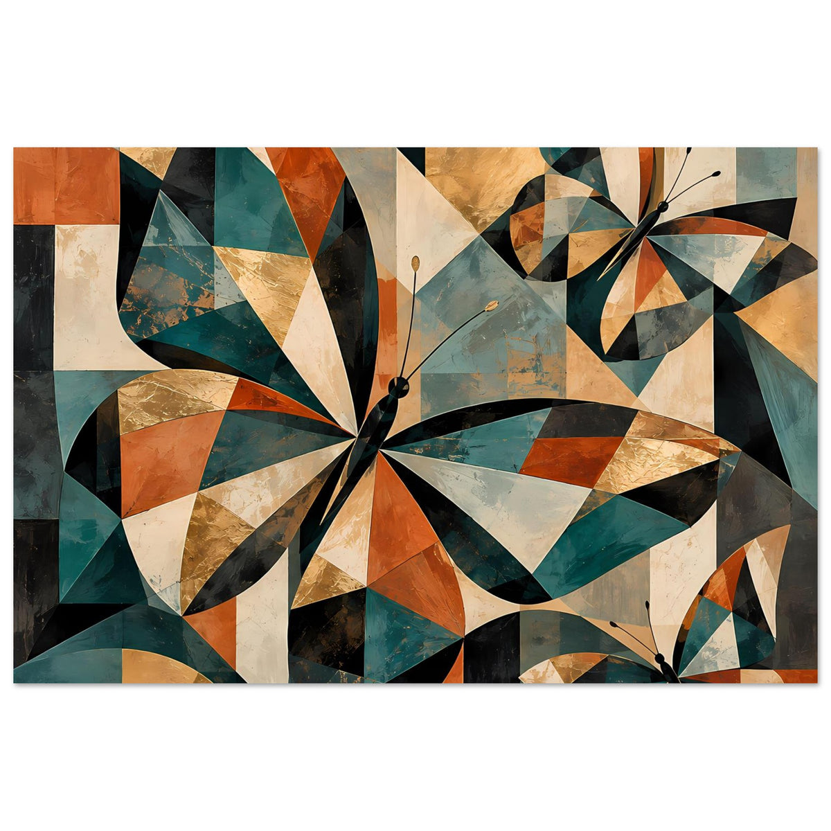 Kunstposter mit geometrischem Schmetterlingsdesign in warmen Erdtönen, klare Gesamtansicht.