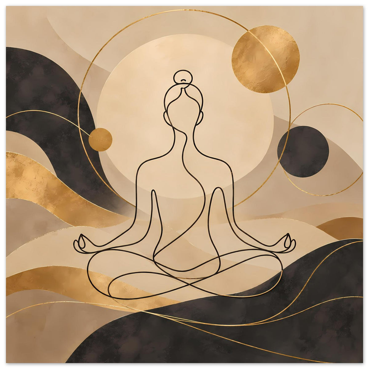 Yoga-Meditationskunstdruck: Meditationsfigur in zarten Linien, goldene Kreise, dunkle Akzente