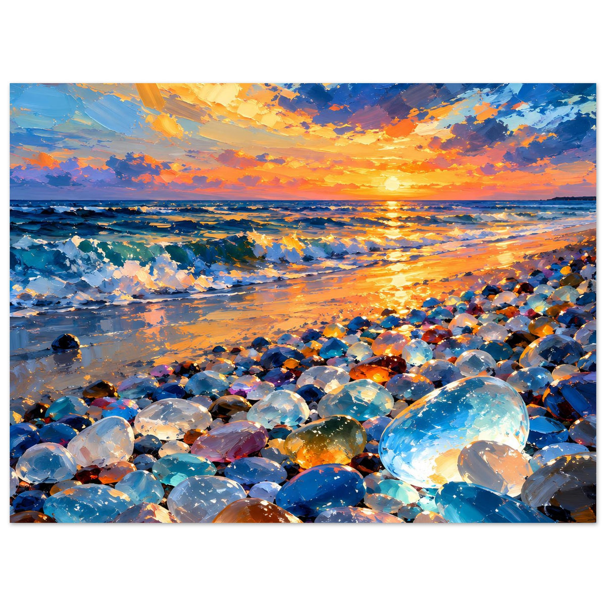 Querformat-Poster: leuchtender Sonnenuntergang über dem Meer, davor bunte Glassteine