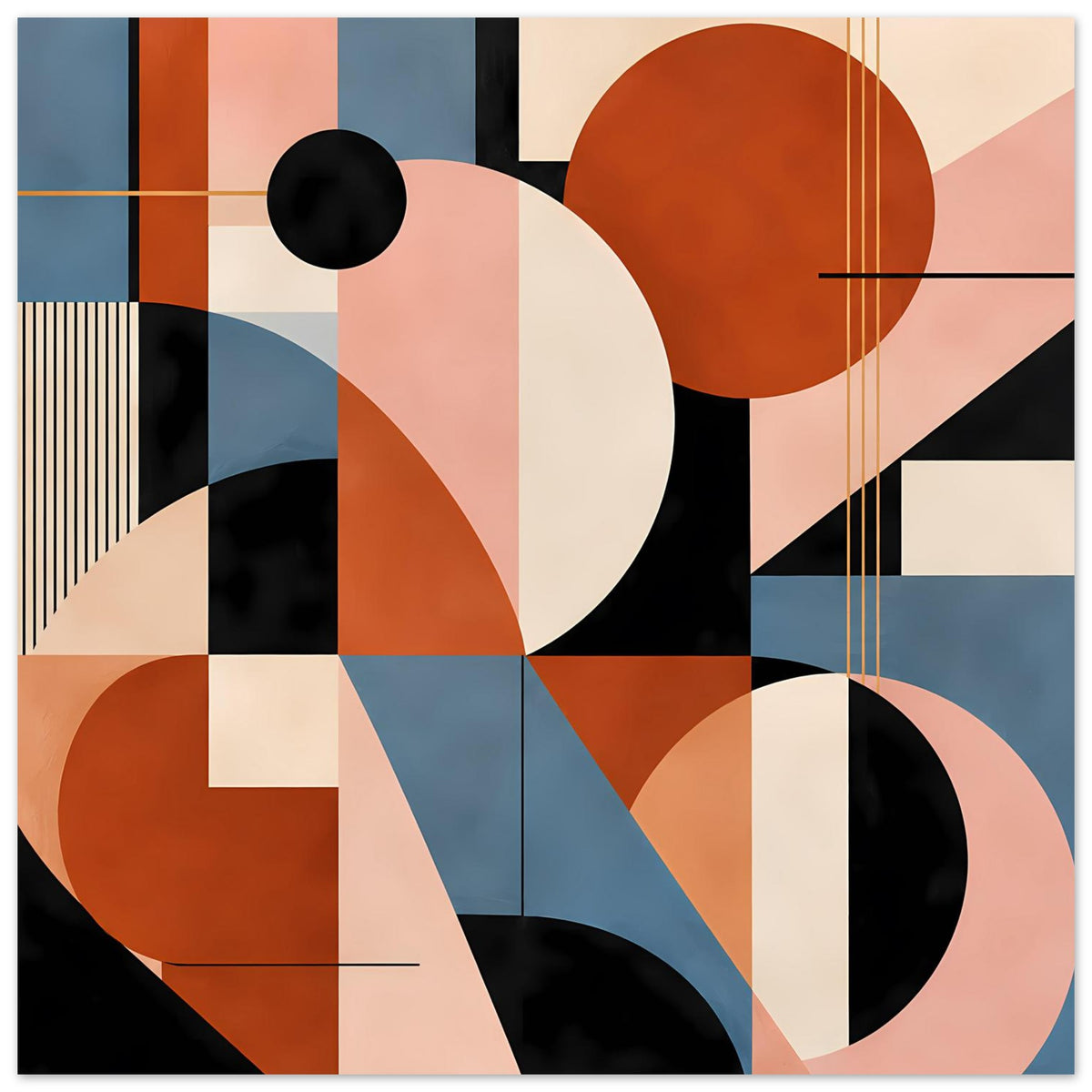 Abstraktes Poster: orange Kreis oben rechts, großer weißer Kreis, blaue Diagonale und schwarze Punkte