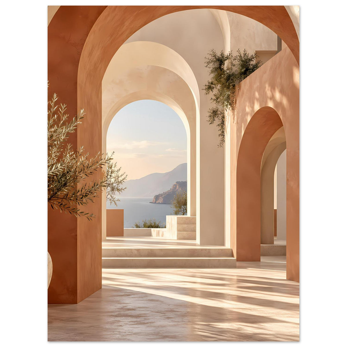 Mediterranes Poster mit Rundbogenreihe, warmen Beige- und Terracottatönen, Blick auf Wasser und Berge