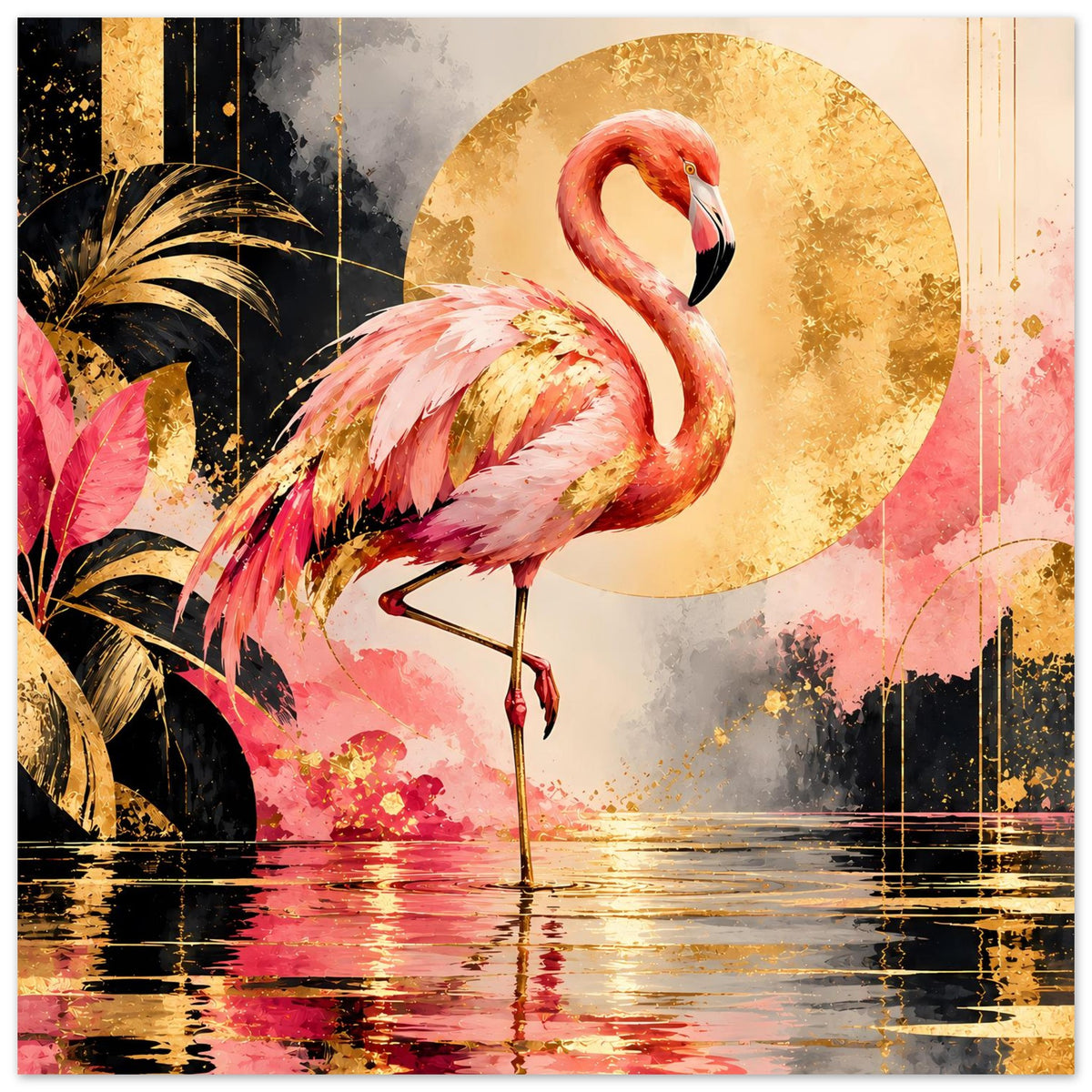Luxus-Tierposter mit pinkem Flamingo, goldener Kreis und farbige Spritzer im Stil der Malerei