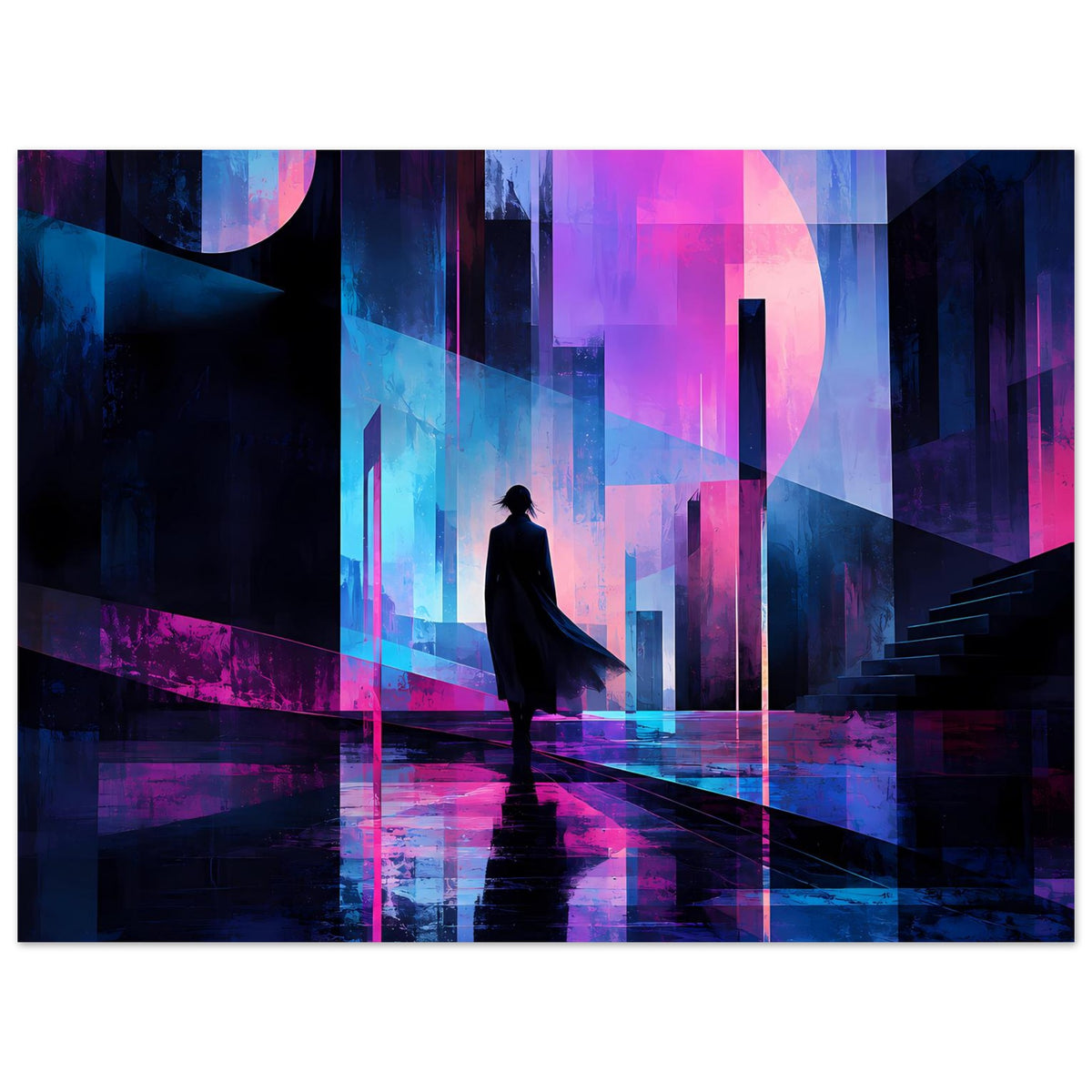 Horizontales Neon-Poster mit silhouettierter Figur, futuristische Architektur und leuchtende vertikale Linien