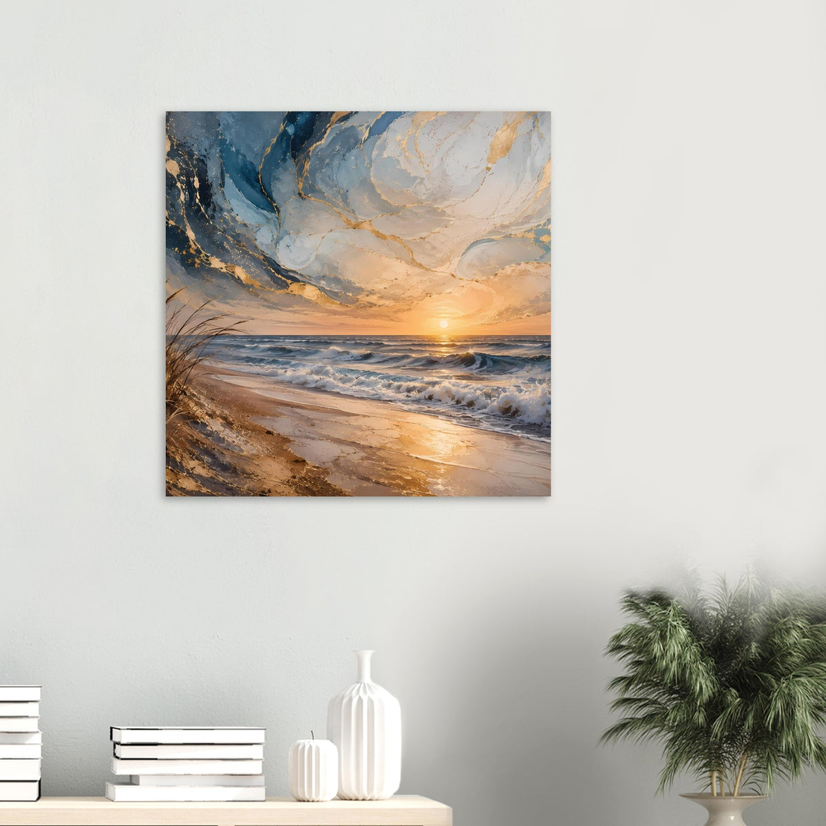 Quadratisches Poster mit Meerwellen und Sonnenuntergang am Horizont, Holzrahmen