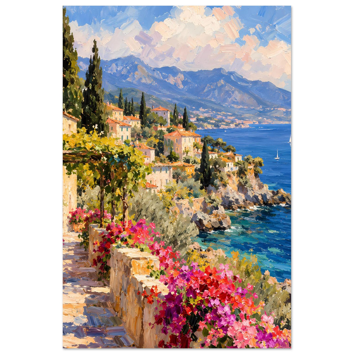Mediterranes Küstenposter (Hochformat): Blumen am Weg, Meer, Berge und Uferhäuser