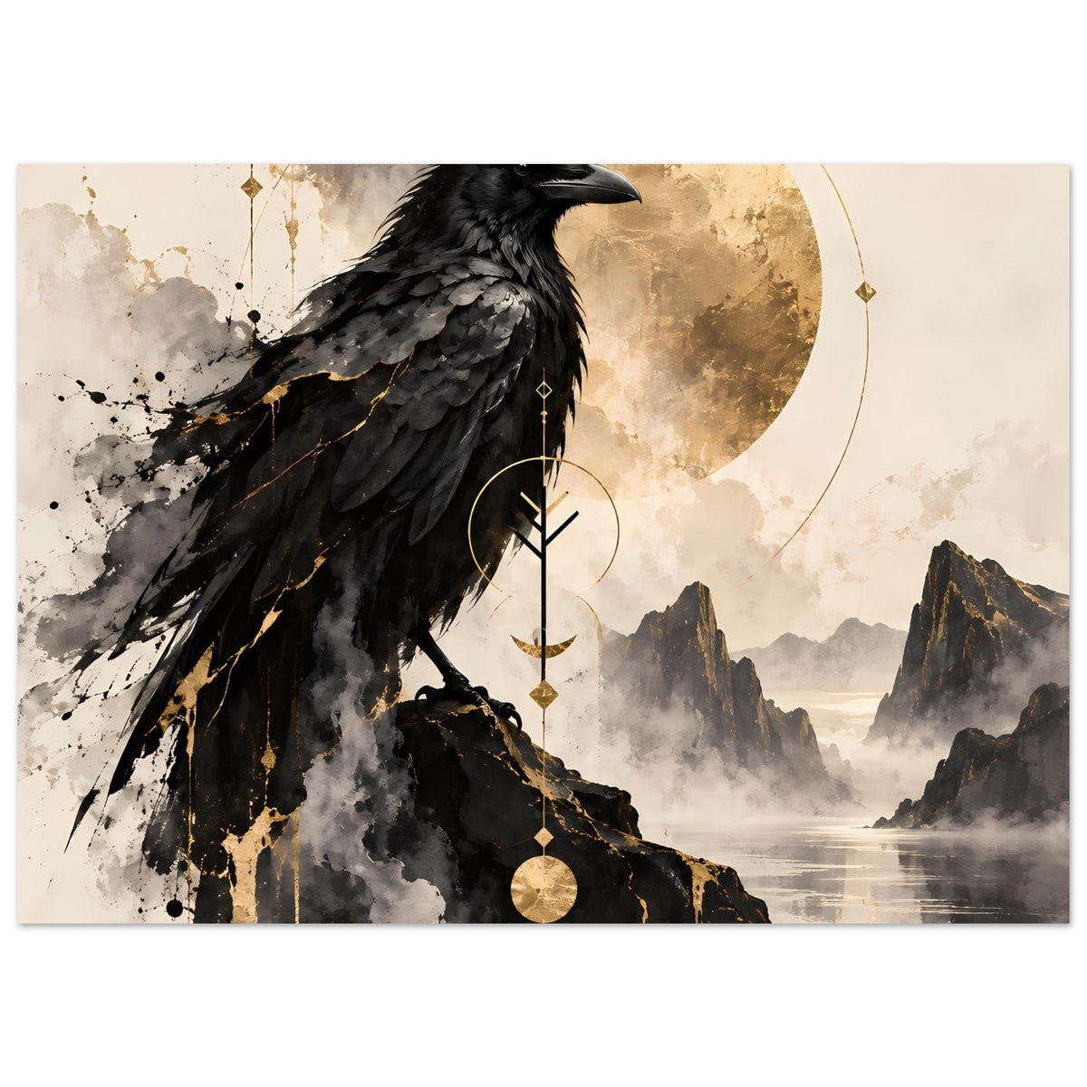 Schwarzer Rabe mit goldenen Sprenkeln, Vogelkunst-Poster mit Mond und Dünennebel