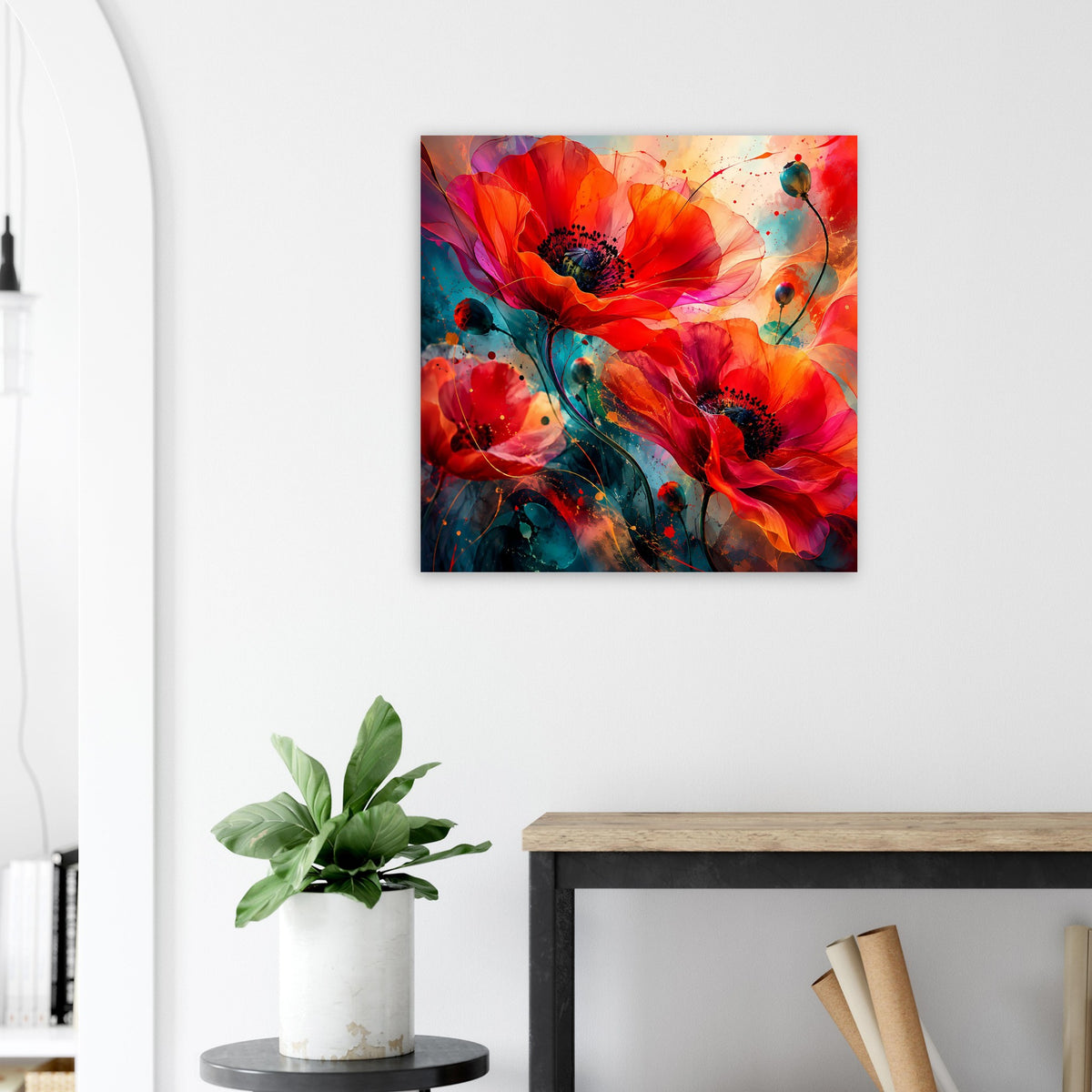 Blumen-Kunstposter mit roten Blüten und kräftigen Farbspritzern in Blau und Türkis