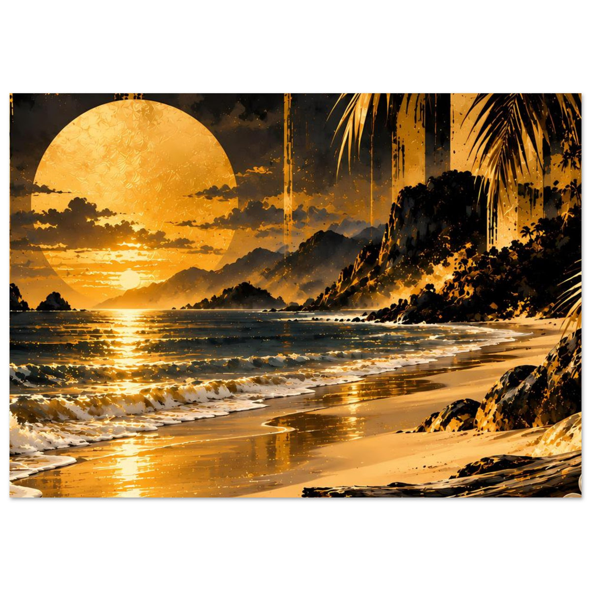 Breites Poster mit Sonnenuntergang, goldenem Meer, Sandstrand und dunklen Felsen