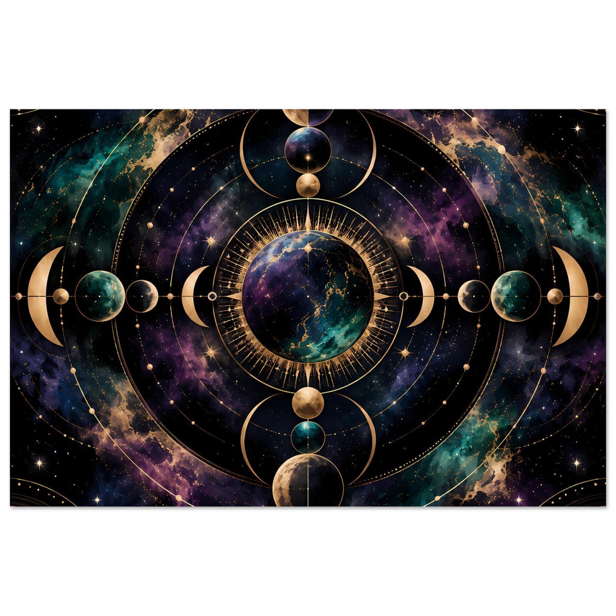Poster mit kosmischem Mondphasen-Motiv, zentrales blaues Planetenscheibenmotiv, Querformat