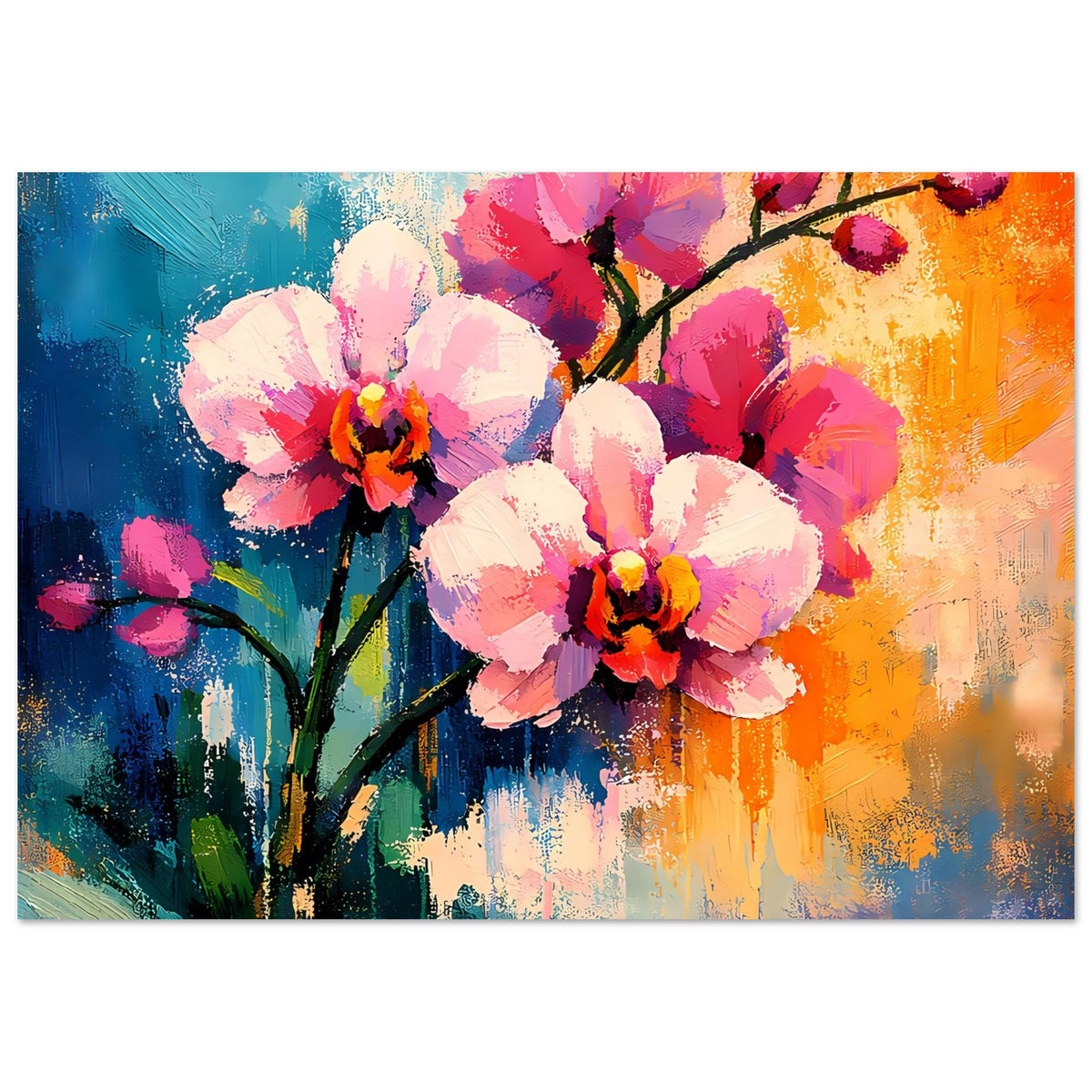 Querformat-Blumenposter mit rosa und weißen Blüten auf farbigem Pinselstrich-Look