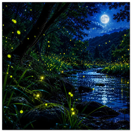 Wandposter: mondbeschienener Wald, leuchtende Glühwürmchen am Fluss bei Nacht