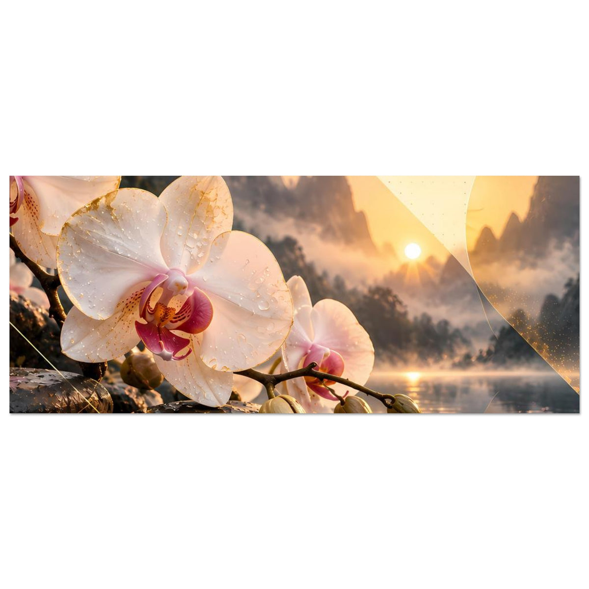 Horizontales Blumenposter: Nahansicht der weißen Orchideen über spiegelndem See bei Sonnenaufgang