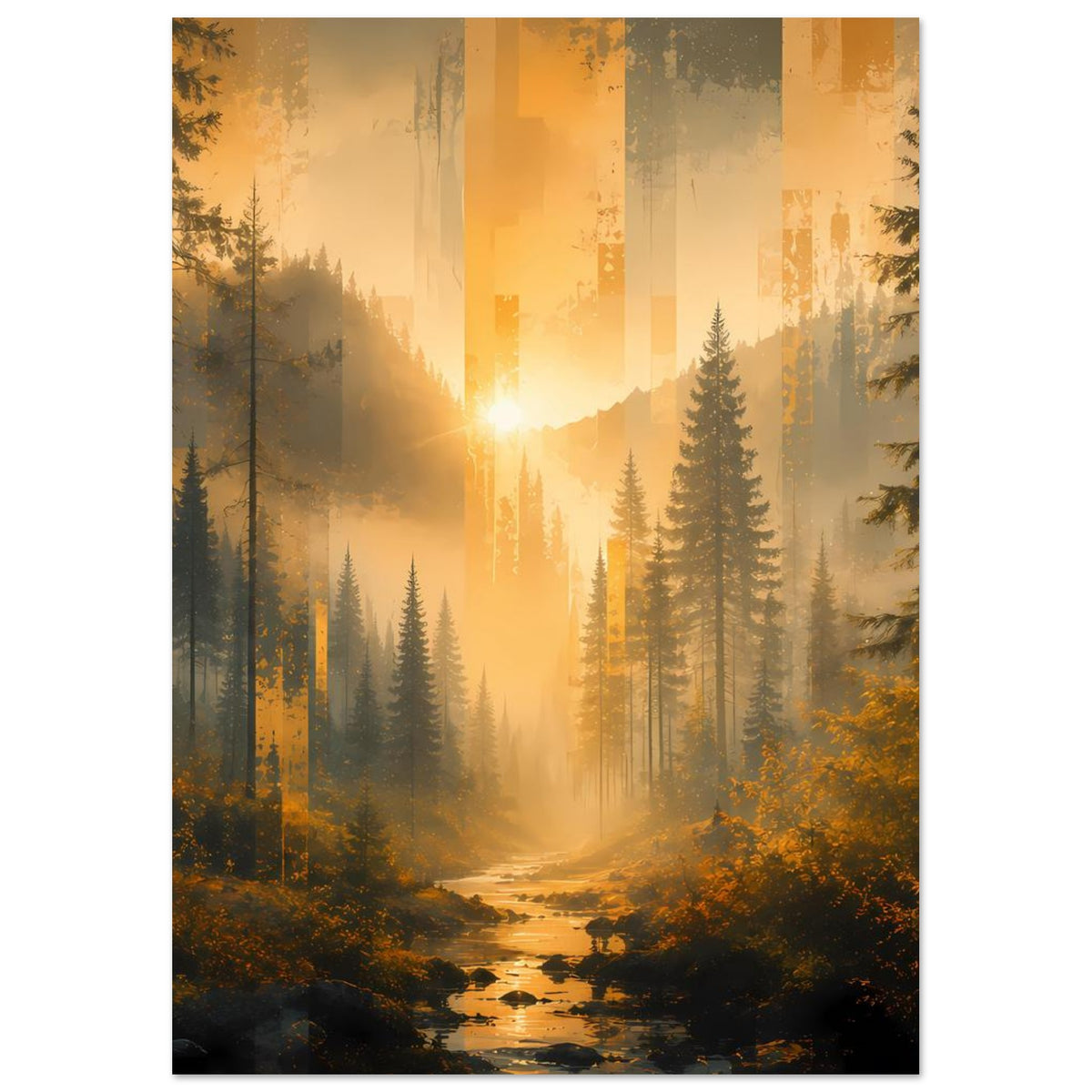 Wandposter Waldfluss im Sonnenlicht, Tannenwald mit Nebel, Hochformat