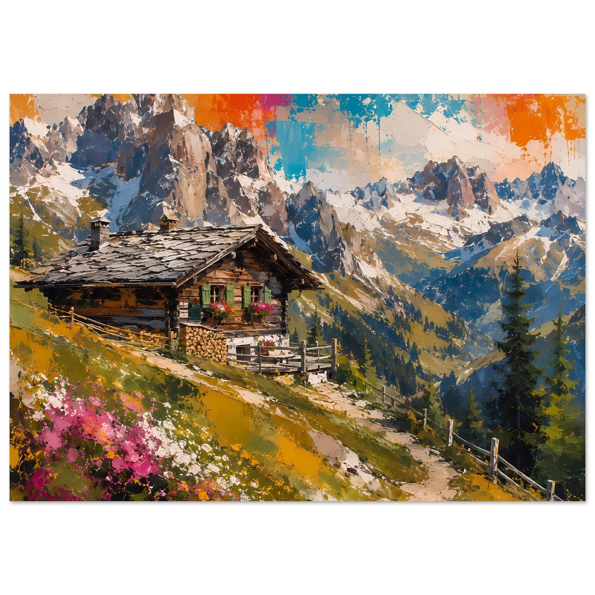 Wandposter im Querformat: Hütte im Gebirge, Bergweg und Zaun, kräftige Farbmuster am Himmel