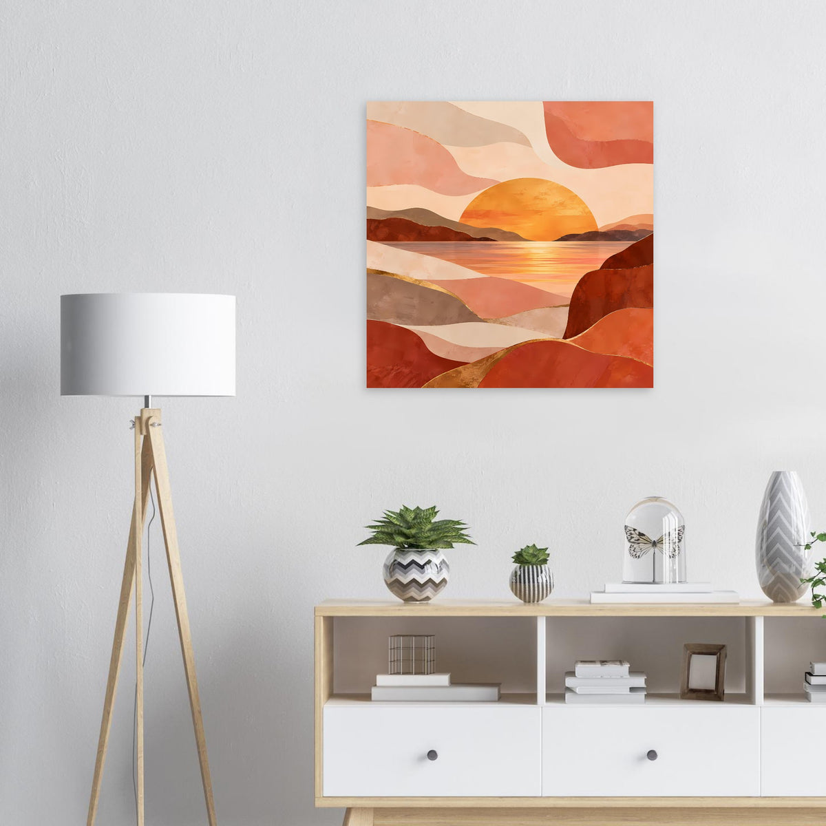 Quadratisches Poster mit abstrakter Sonnenuntergangs-Landschaft in warmen Erdtönen