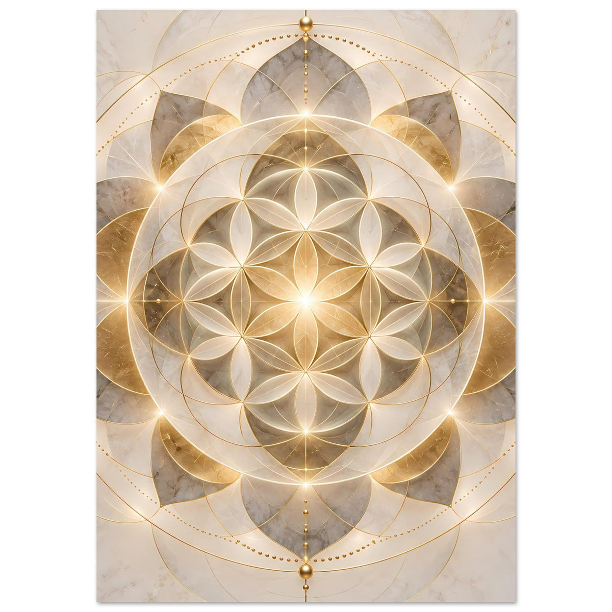Vertikales Goldenes Mandala-Ornament-Poster mit Blume des Lebens und Aufhängung in der Mitte