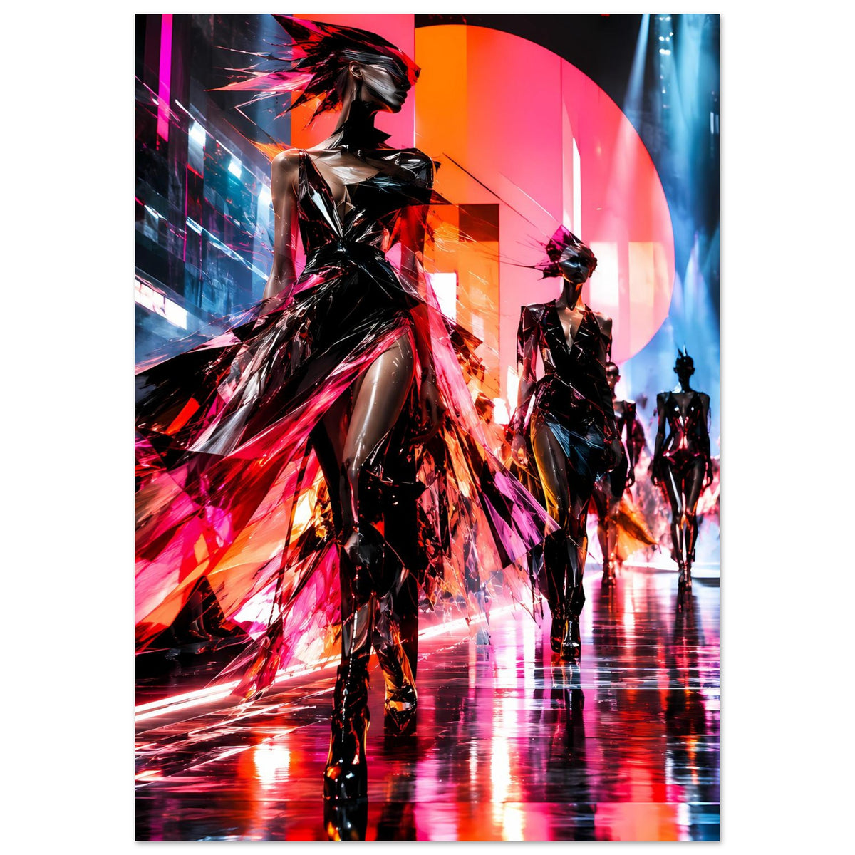 Poster mit mehreren Laufsteg-Models, schimmernde schwarze Silhouetten, pinke Neonstreifen.