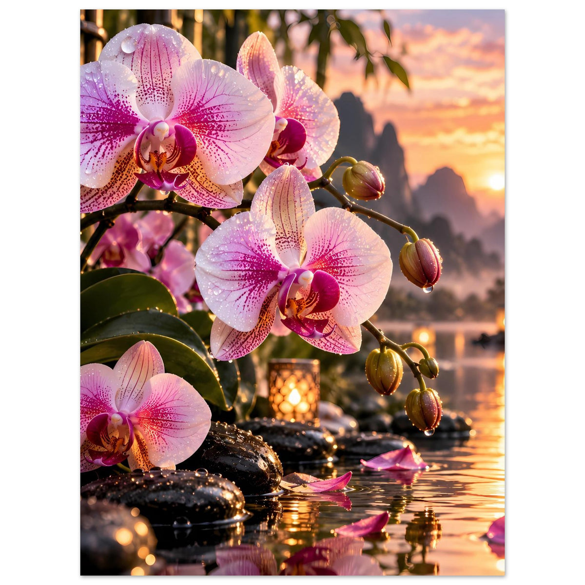 Poster mit rosa Orchideenblüten und goldenen Kerzen entlang der Wasserlinie