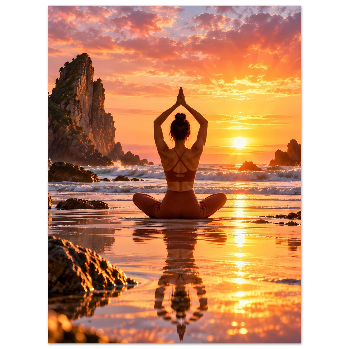 Yoga-Poster: Person im Lotussitz mit Armen in der Streckung, Strandlandschaft bei Abendsonne