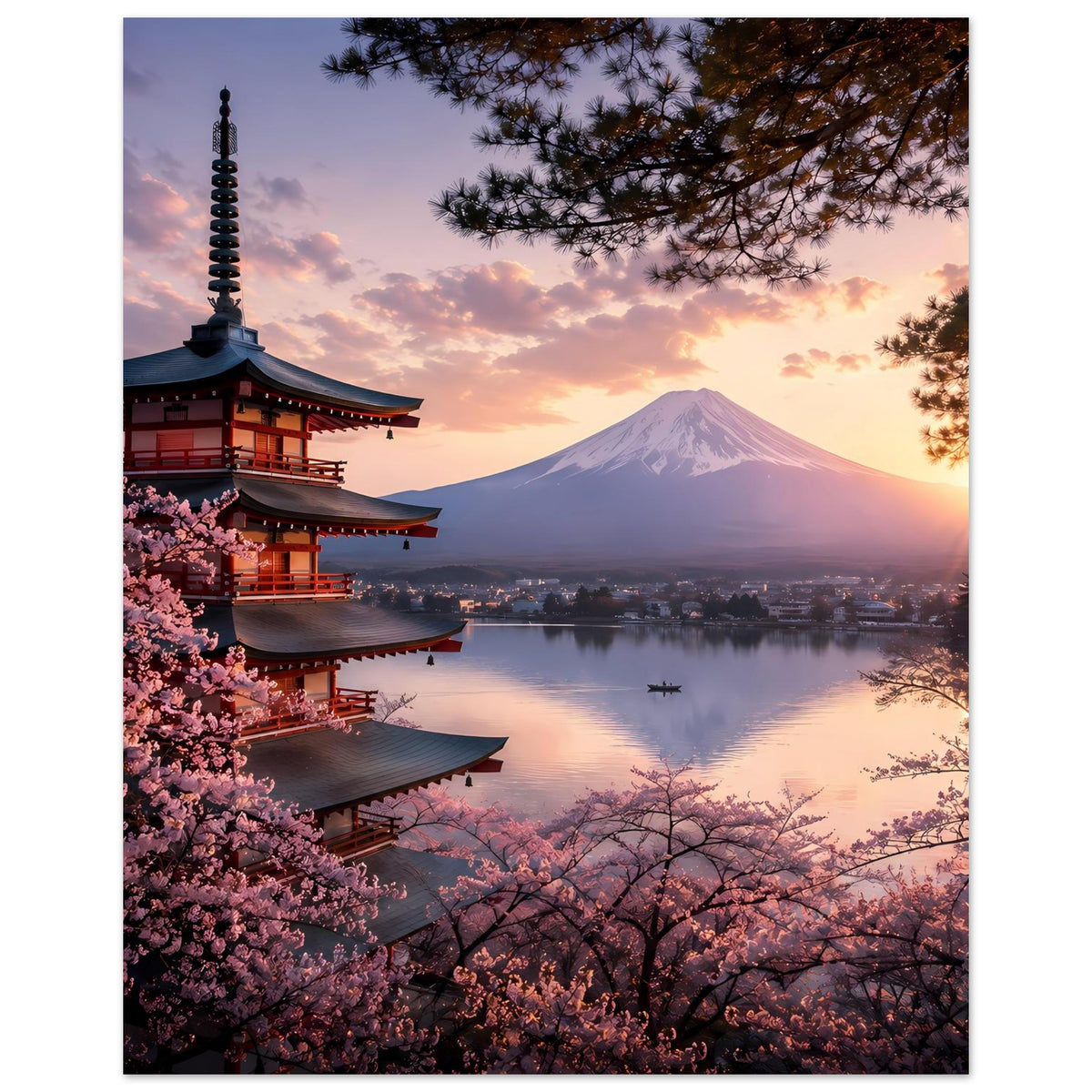 Vertikales Poster mit japanischer Pagode, Kirschblüten und Mount Fuji im Abendhimmel