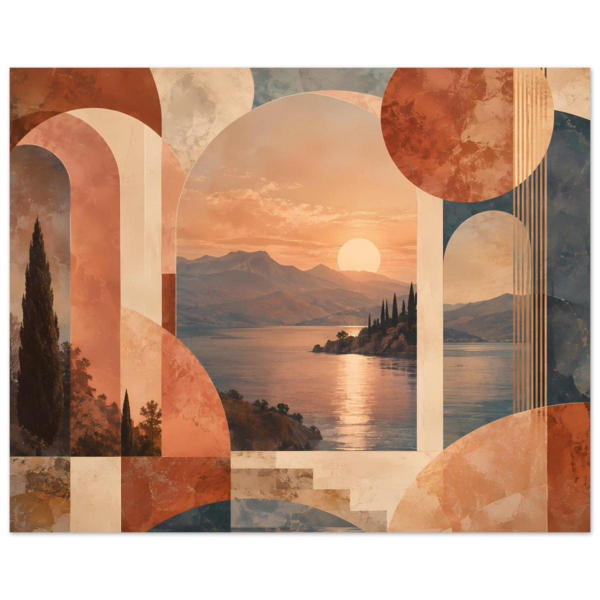 Abstraktes Wandposter mit Landschaft: See, Berge, Sonne; rechte Partie mit vertikalen Linien