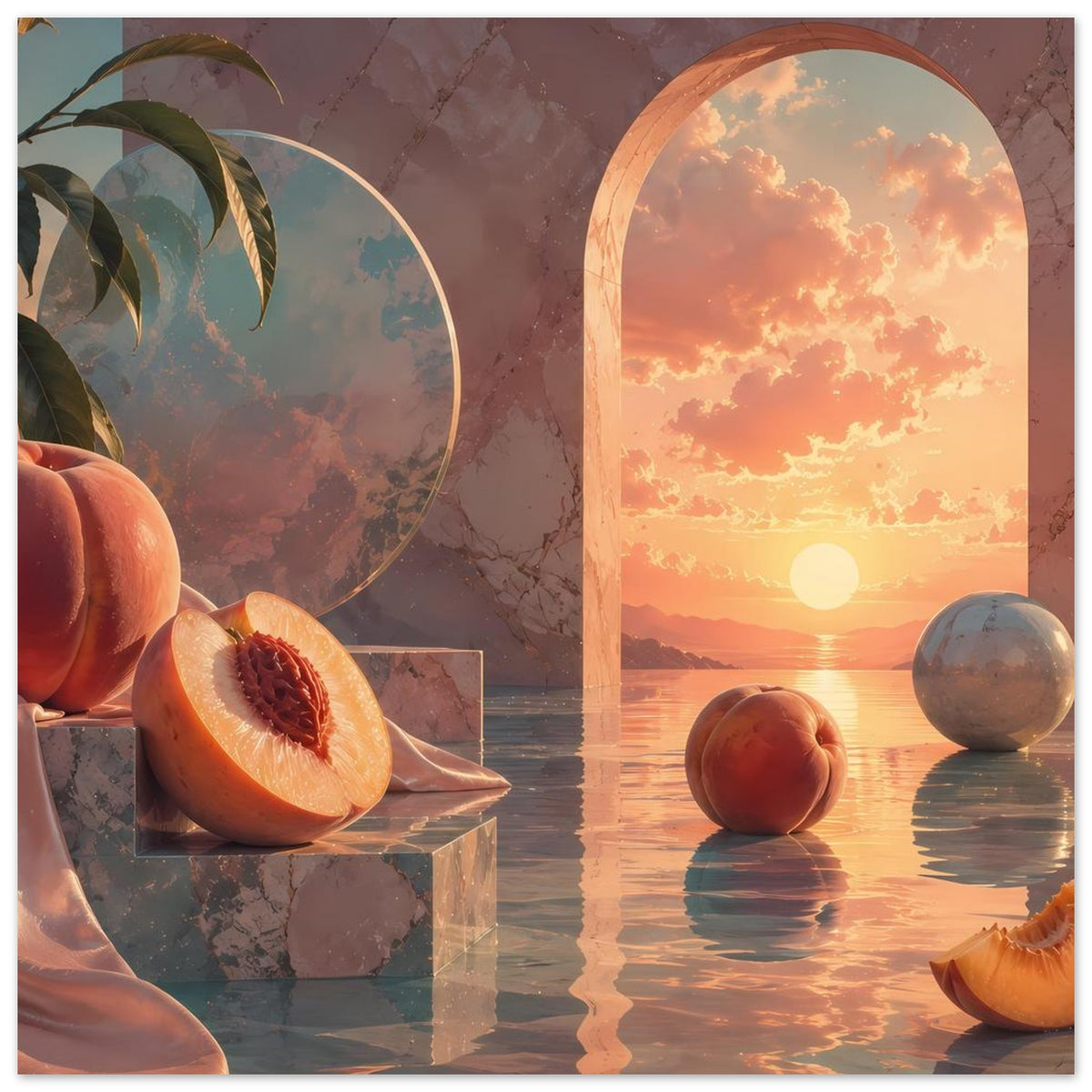 Poster mit surrealem Pfirsich-Stillleben, Rundbogenöffnung, Sonne im Abendhimmel und Wasserspiegel