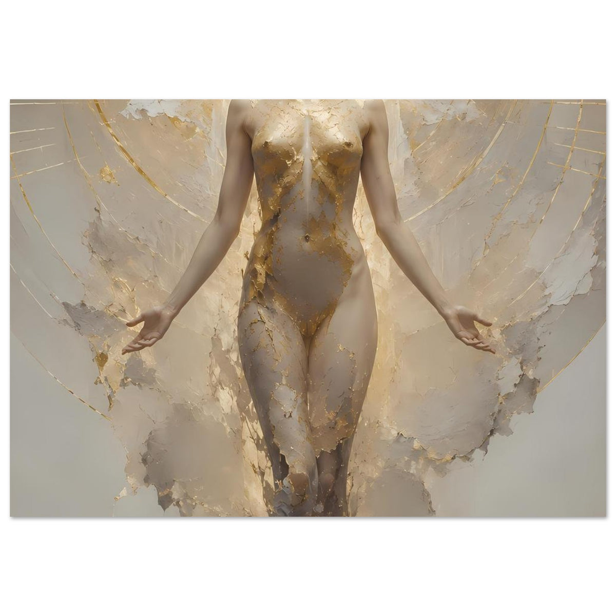 Poster mit schwebender Frauenfigur in Creme und Gold, Hände nach unten