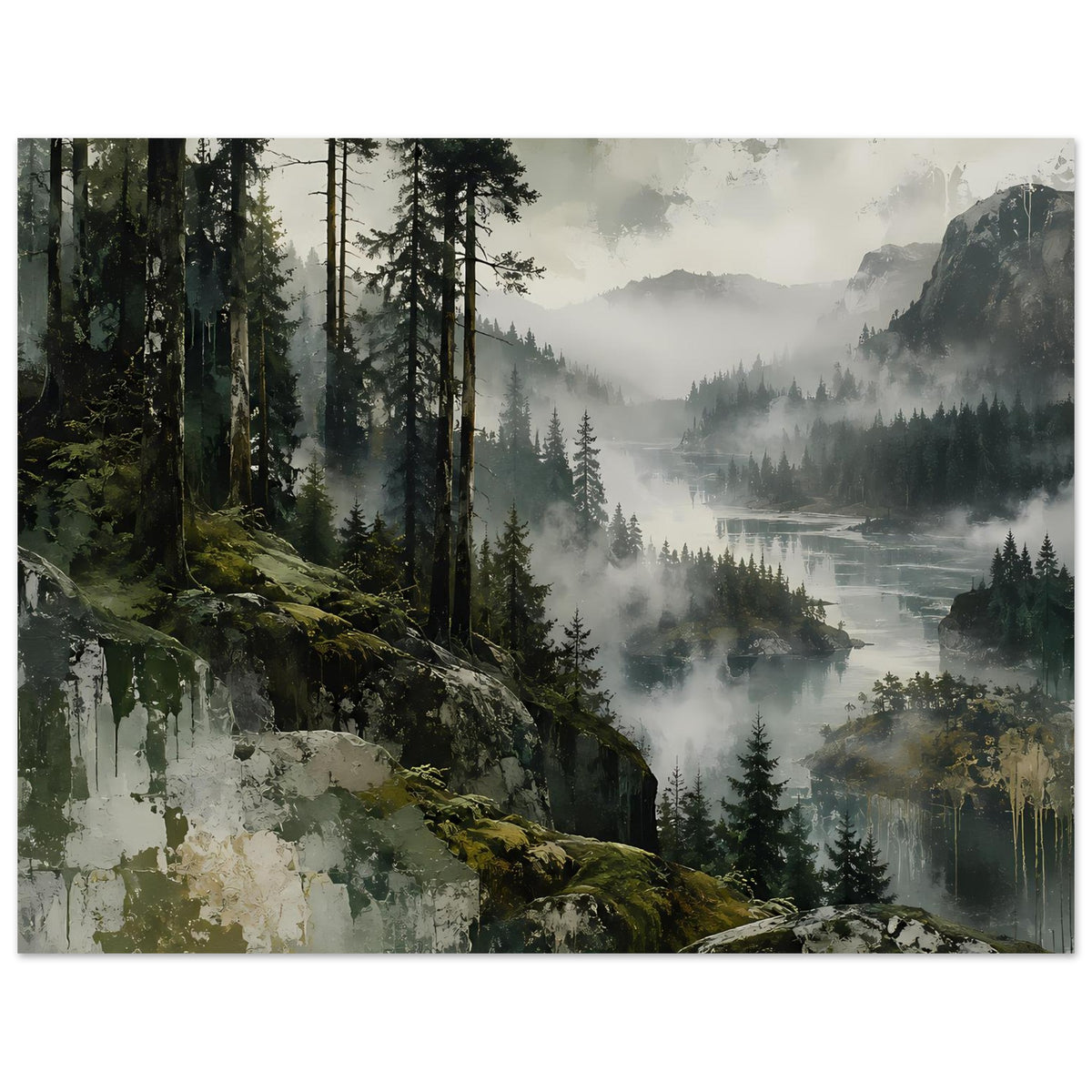 Querformat-Poster mit Waldlandschaft: Tannen, Nebel, felsige Berge im Hintergrund
