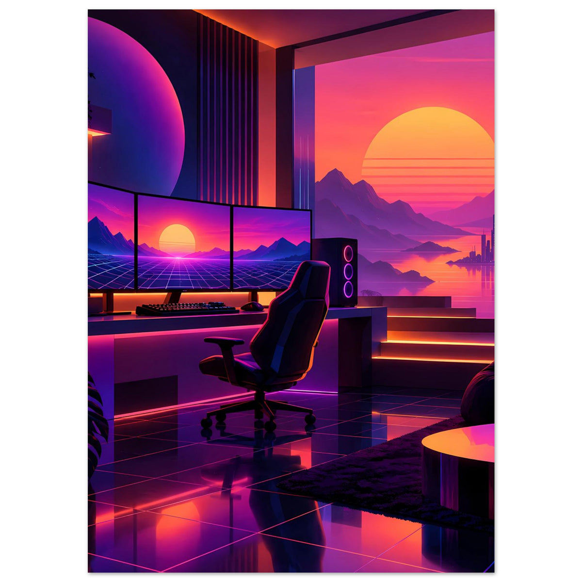 Retro-Neon-Sonnenuntergang-Poster: Leuchtende Terrasse mit Stuhl, Bergen, Meer und orangefarbener Sonne