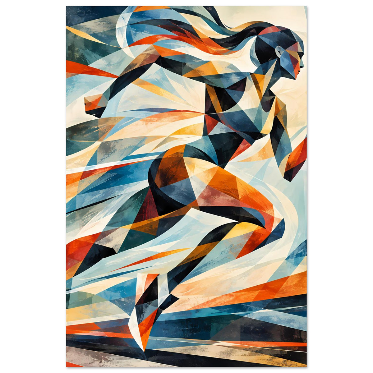 Abstraktes Poster (Hochformat) mit geometrischer Läufer-Figur in Blau und Orange