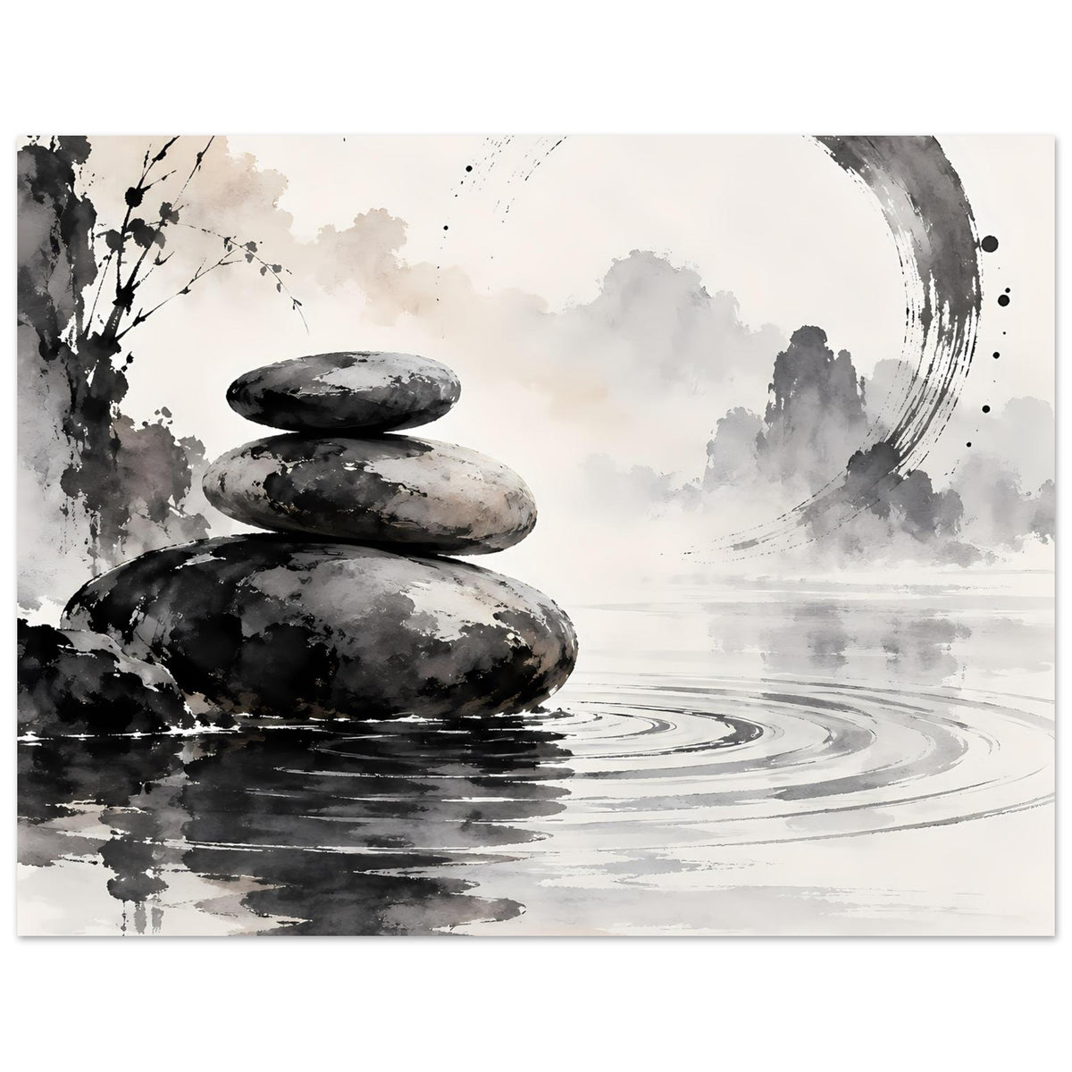 Zen-Balance Poster (Querformat) mit Stein-Stapel, Kreissegment und Wasserlinien in Schwarzweiß
