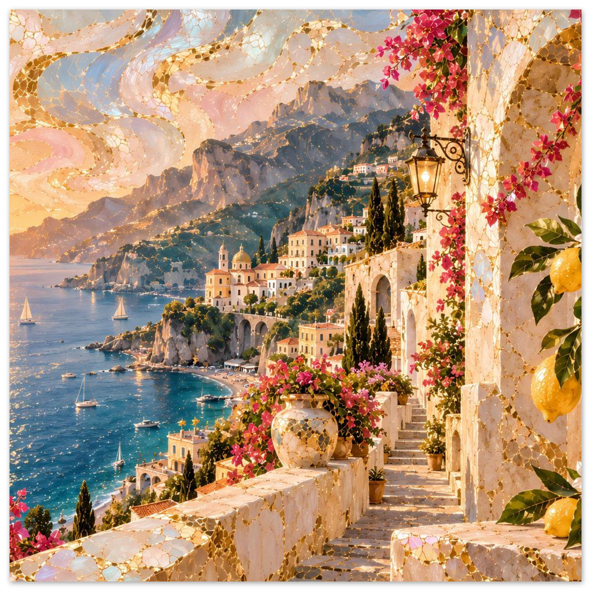 Vertikales Poster mit Meerbucht, Sonnenuntergang und Bergdorf, Segelboote sowie blühende Pflanzen