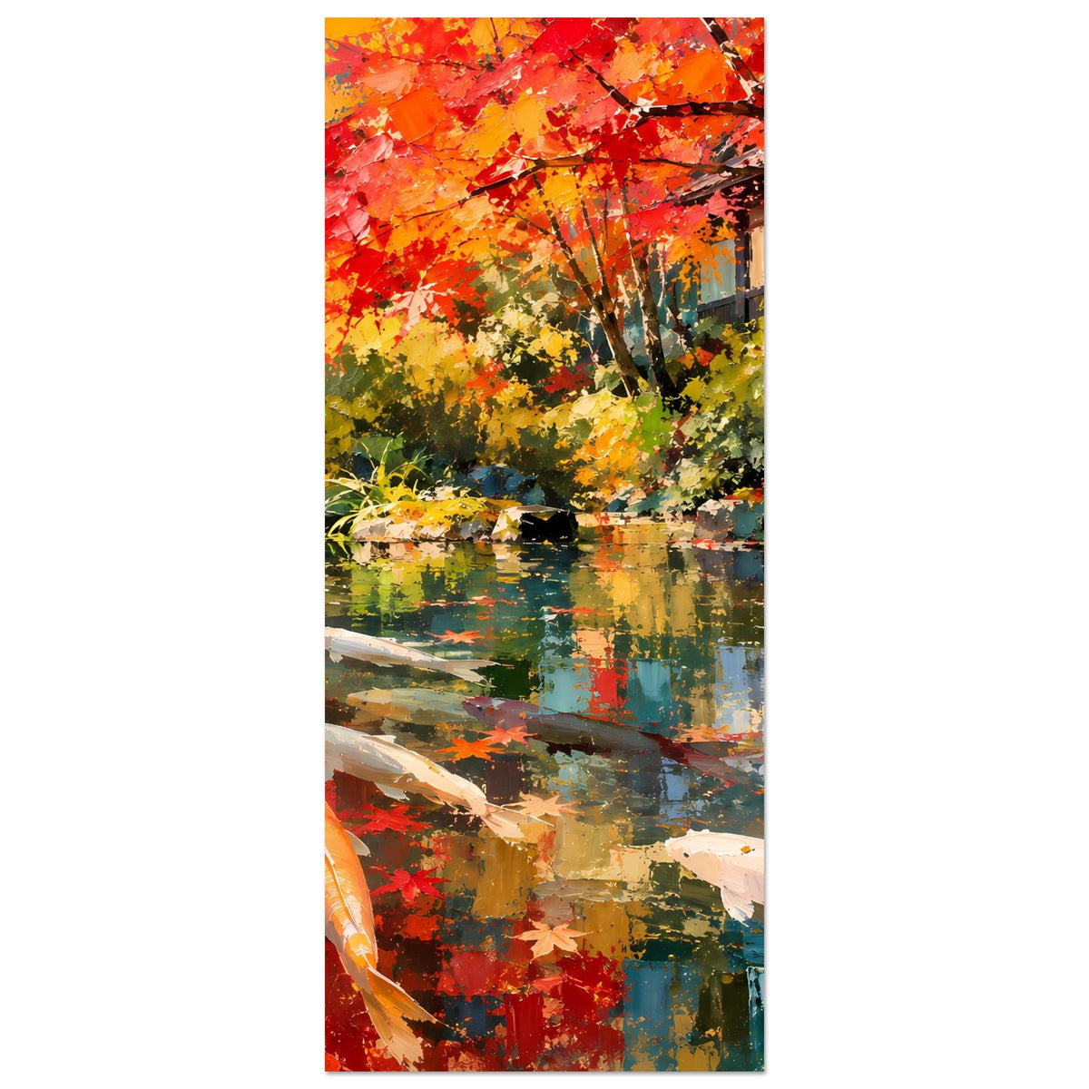 Herbstliches Koi-Teich-Poster (Hochformat) mit Koi-Fischen und bunten Baumkronen