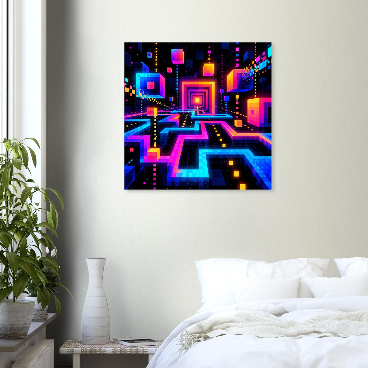 Quadratisches Neon-Labyrinth-Poster, zentraler Kreis im Raster, blau-violette Farblinien