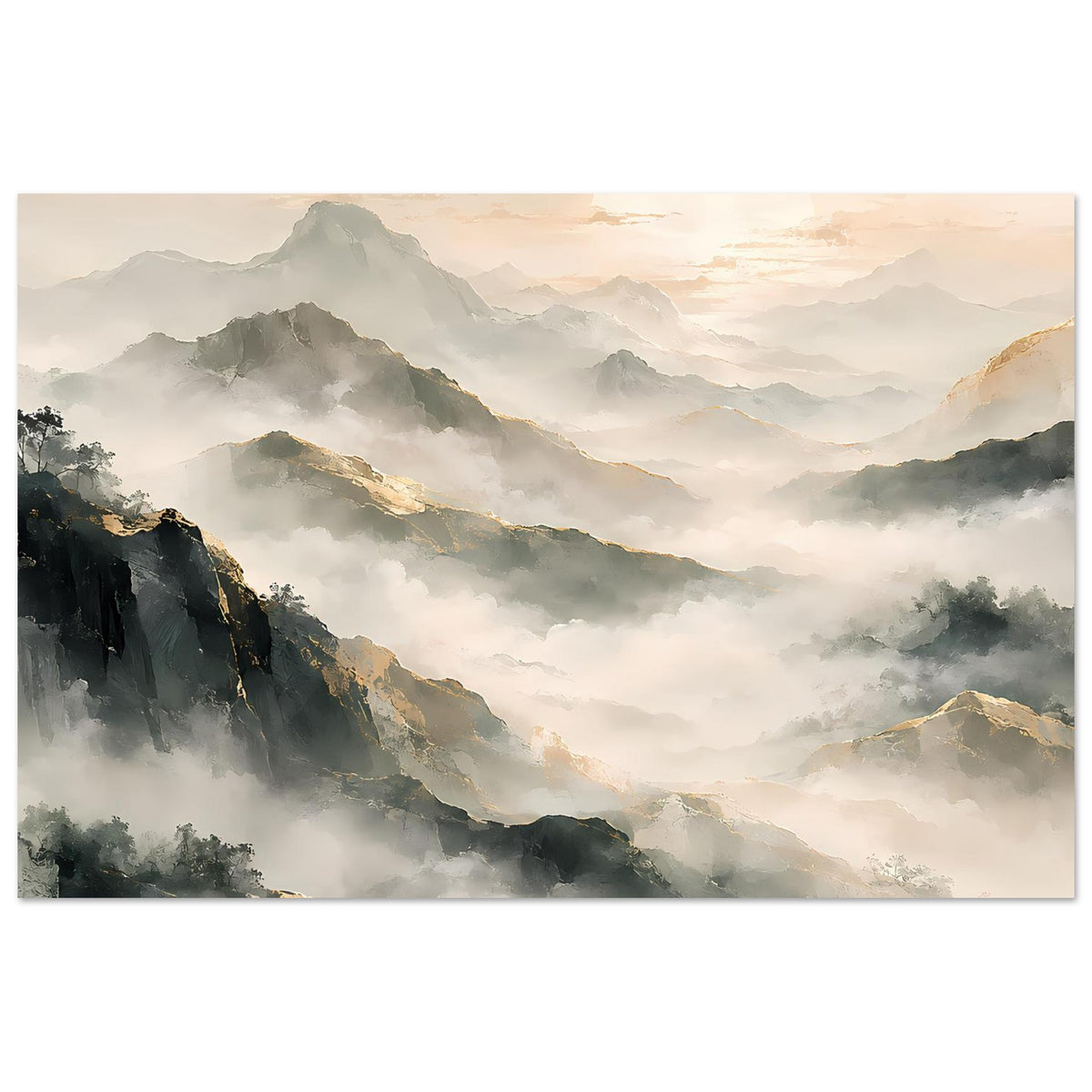 Bergpanorama-Poster, horizontal: sanfte Berglandschaft mit Nebel und goldenen Lichtspuren