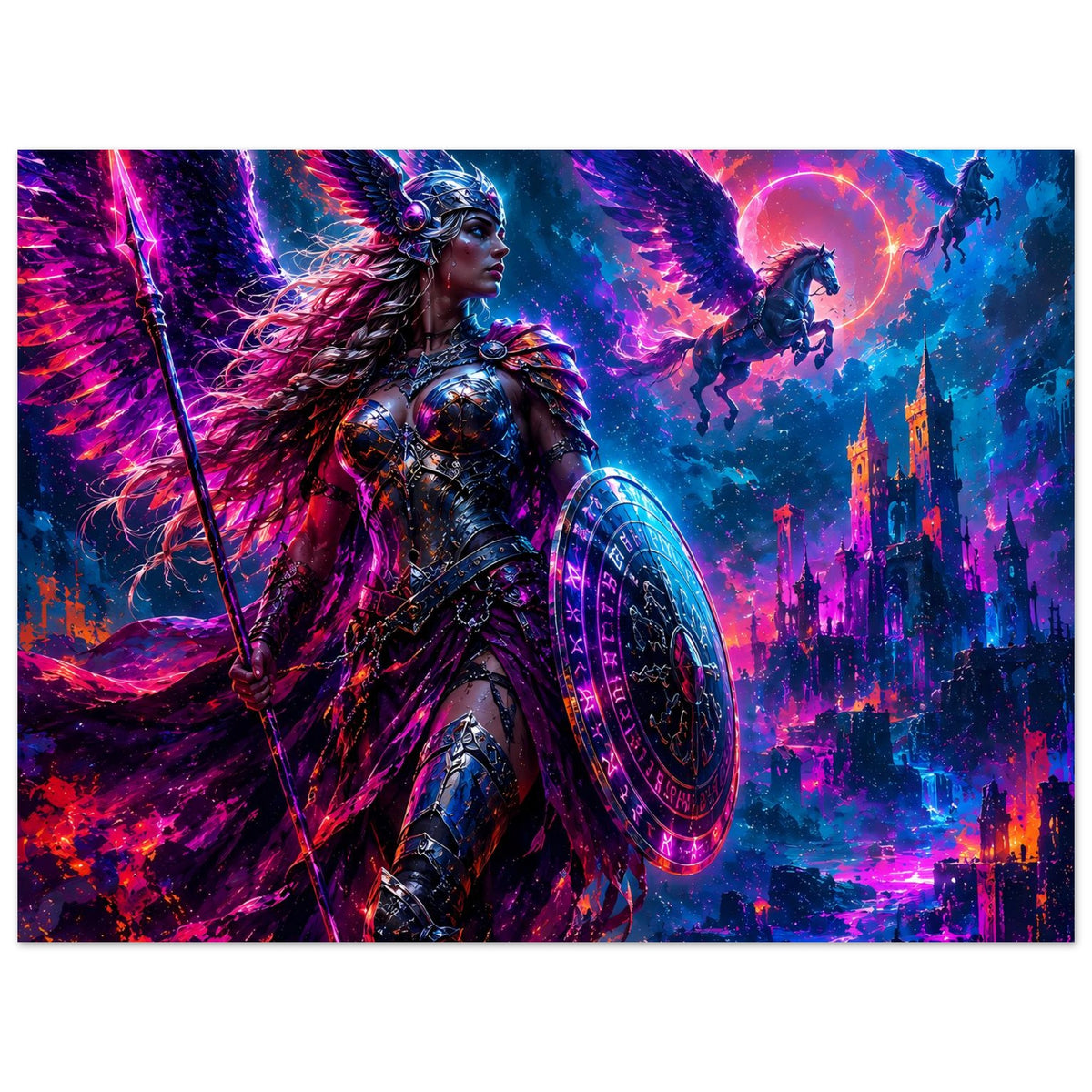 Fantasy-Poster im Querformat mit Valkyrie, Speer und Rundschild vor leuchtender Skyline