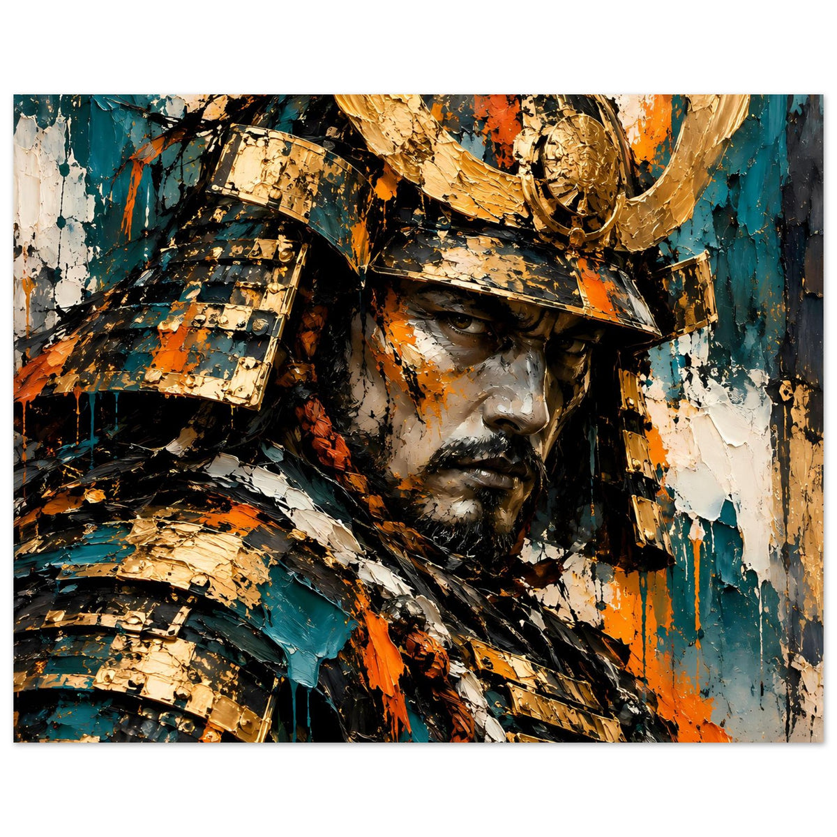 Poster mit Samurai-Krieger, detailliertes Gesicht, goldene Helmelemente, Türkis und Orange
