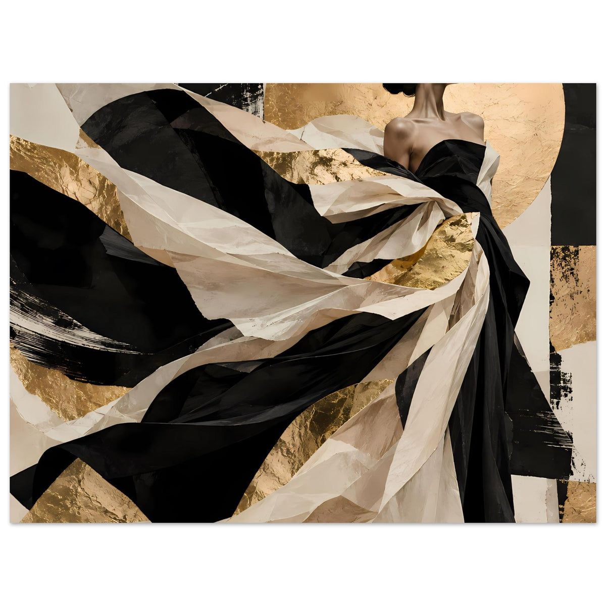 Kunstposter im Querformat mit schwarzer Drapierung, goldene Texturen und Beige-Schatten
