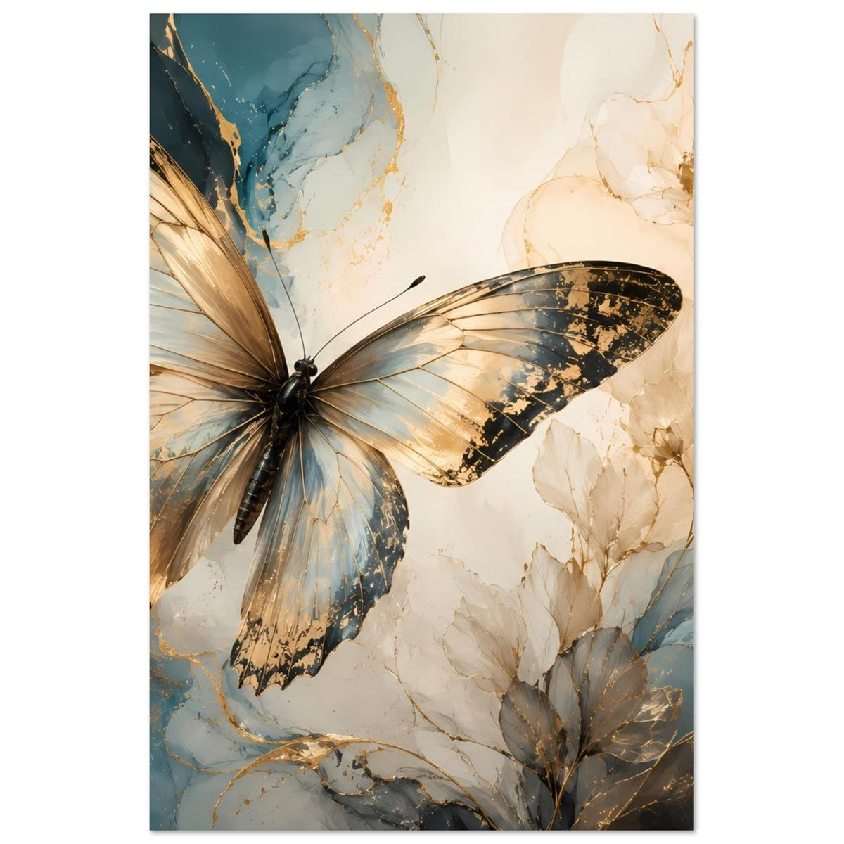 Senkrechtformat-Schmetterlingskunstposter: goldene und blaue Flügel, beiger Blütendetails