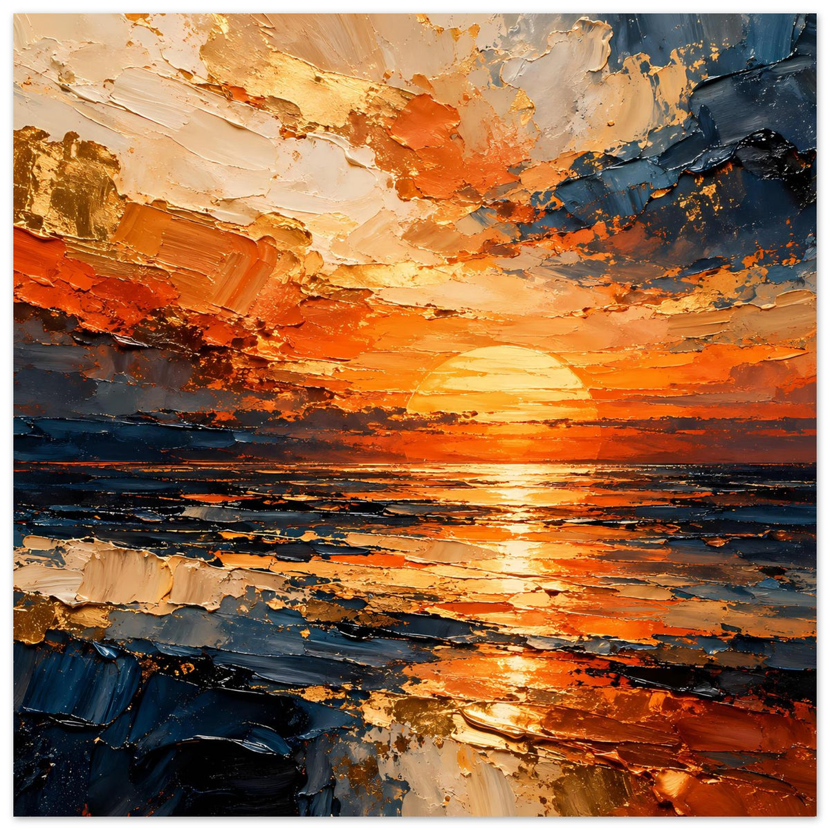 Abstraktes Sonnenuntergangs-Meer-Poster im Querformat, orange und blau, starke Texturen